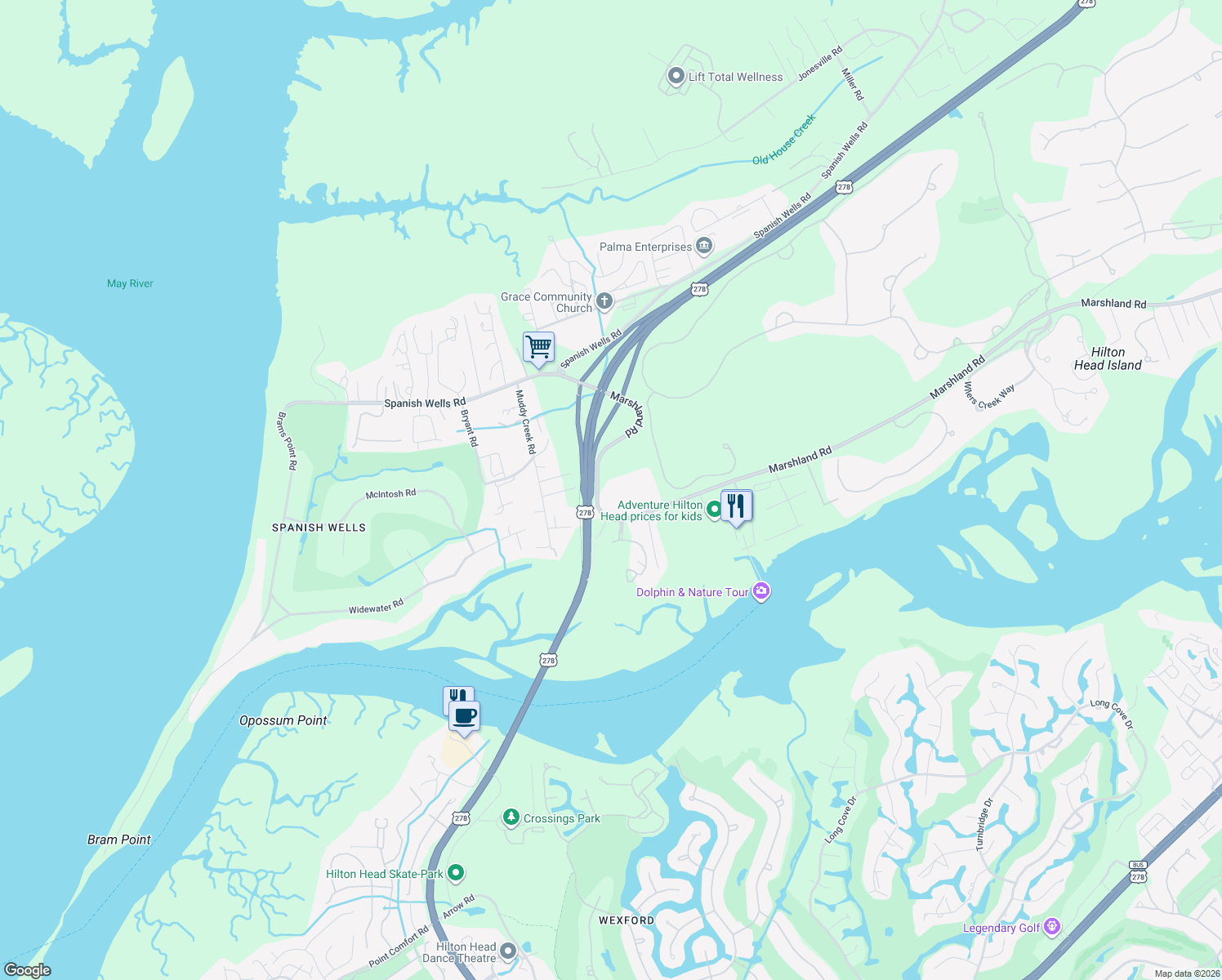 map of restaurants, bars, coffee shops, grocery stores, and more near Chislom Place in Hilton Head Island