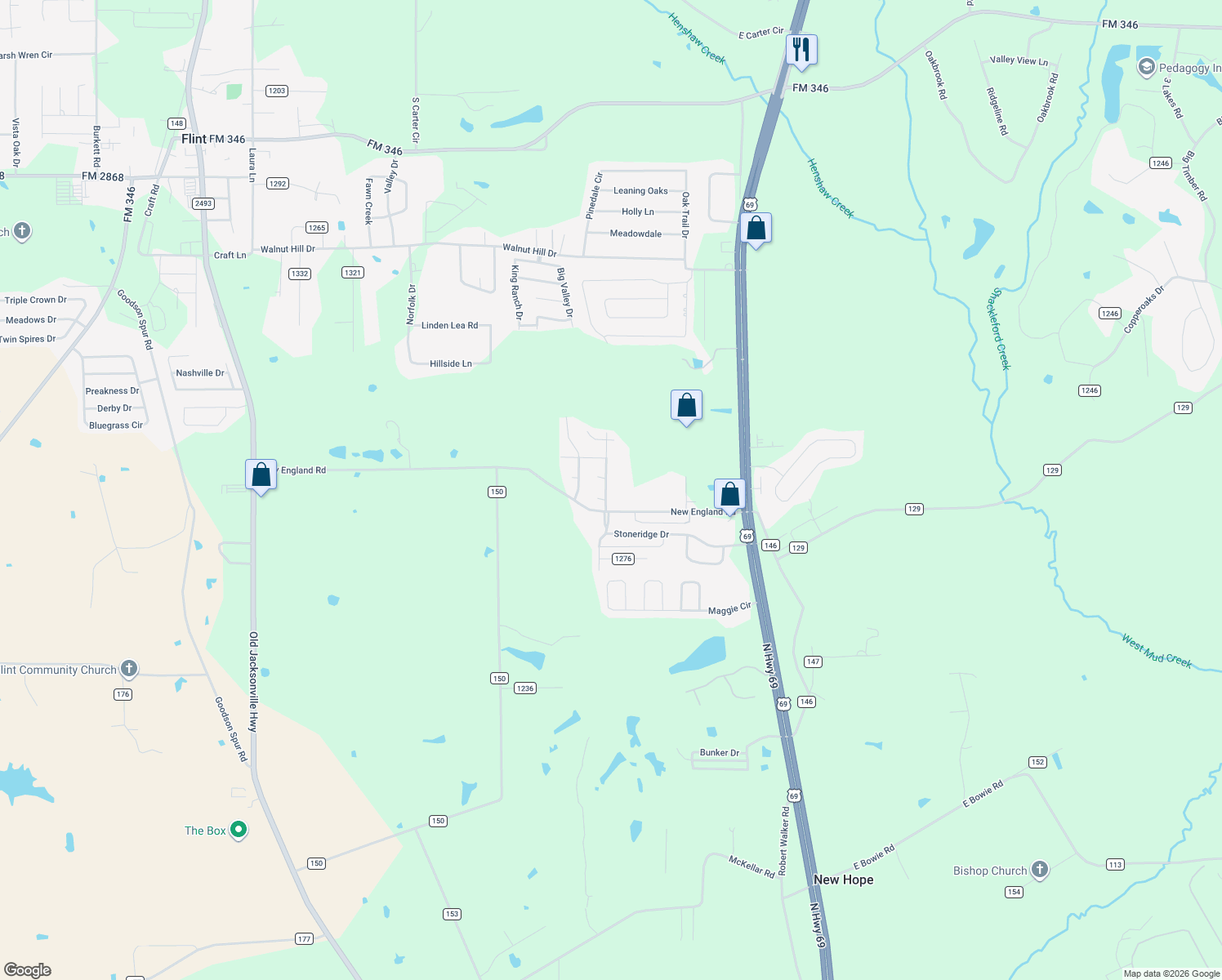 map of restaurants, bars, coffee shops, grocery stores, and more near 20041 Meadow View Ln in Flint