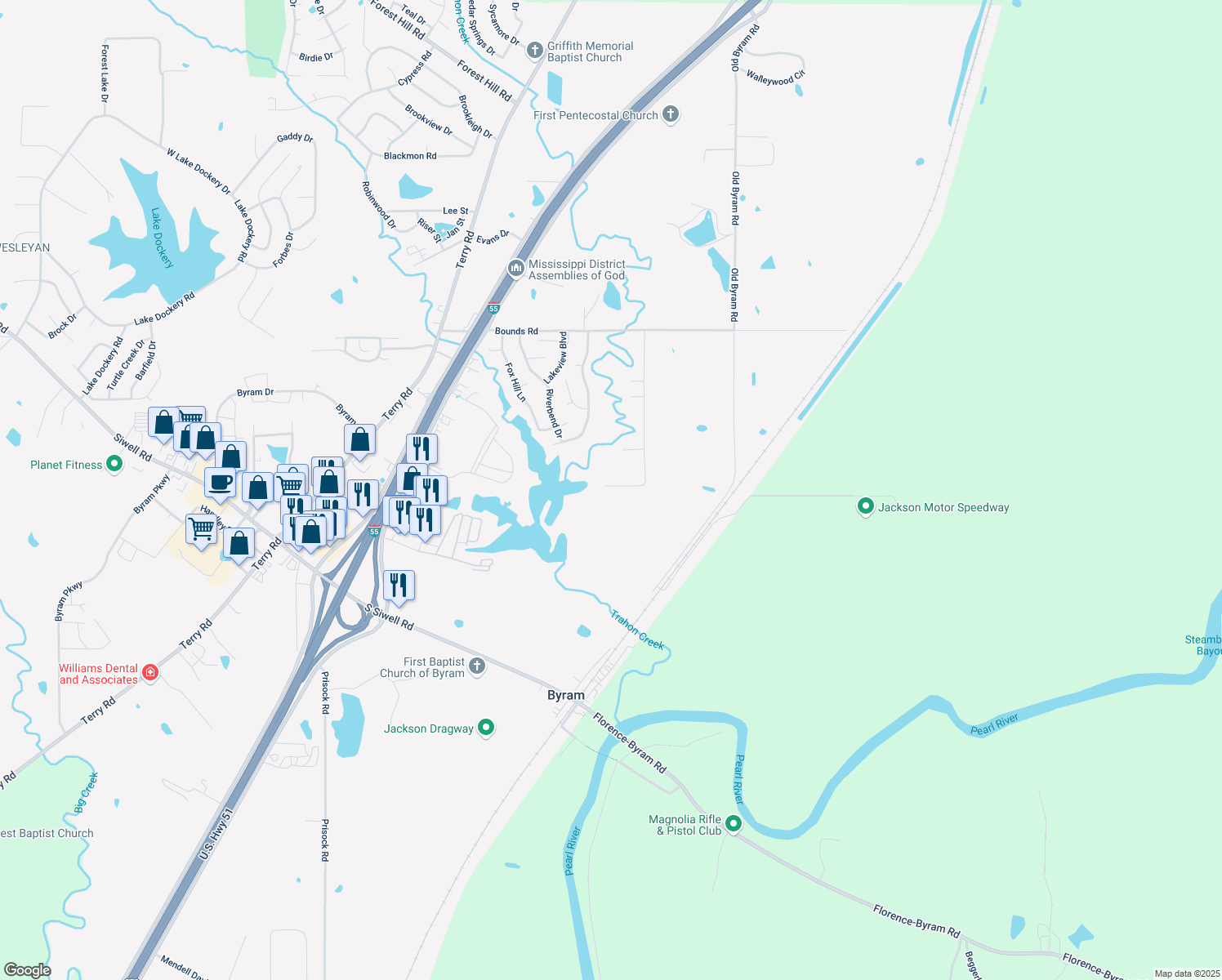 map of restaurants, bars, coffee shops, grocery stores, and more near 614 Willow Bay Dr in Byram