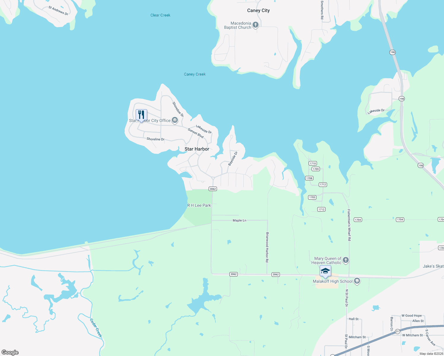map of restaurants, bars, coffee shops, grocery stores, and more near 17 Greenbriar Circle in Malakoff