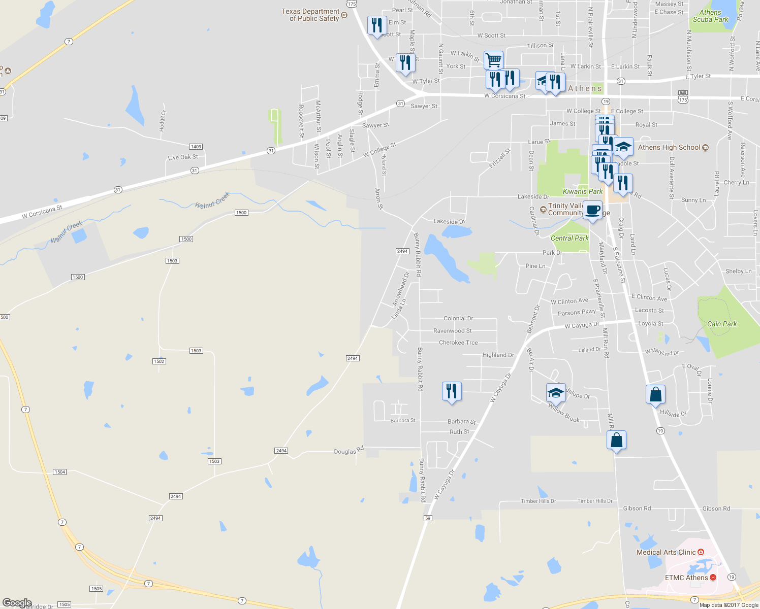 map of restaurants, bars, coffee shops, grocery stores, and more near 901 Valle Vista Drive in Athens