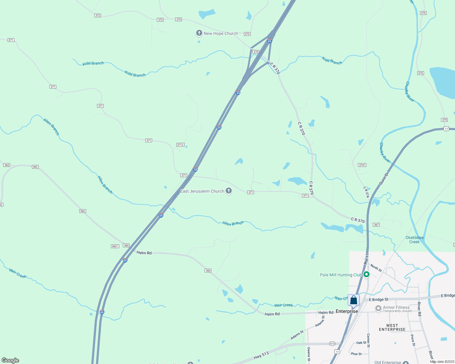 map of restaurants, bars, coffee shops, grocery stores, and more near C R 371 in Enterprise