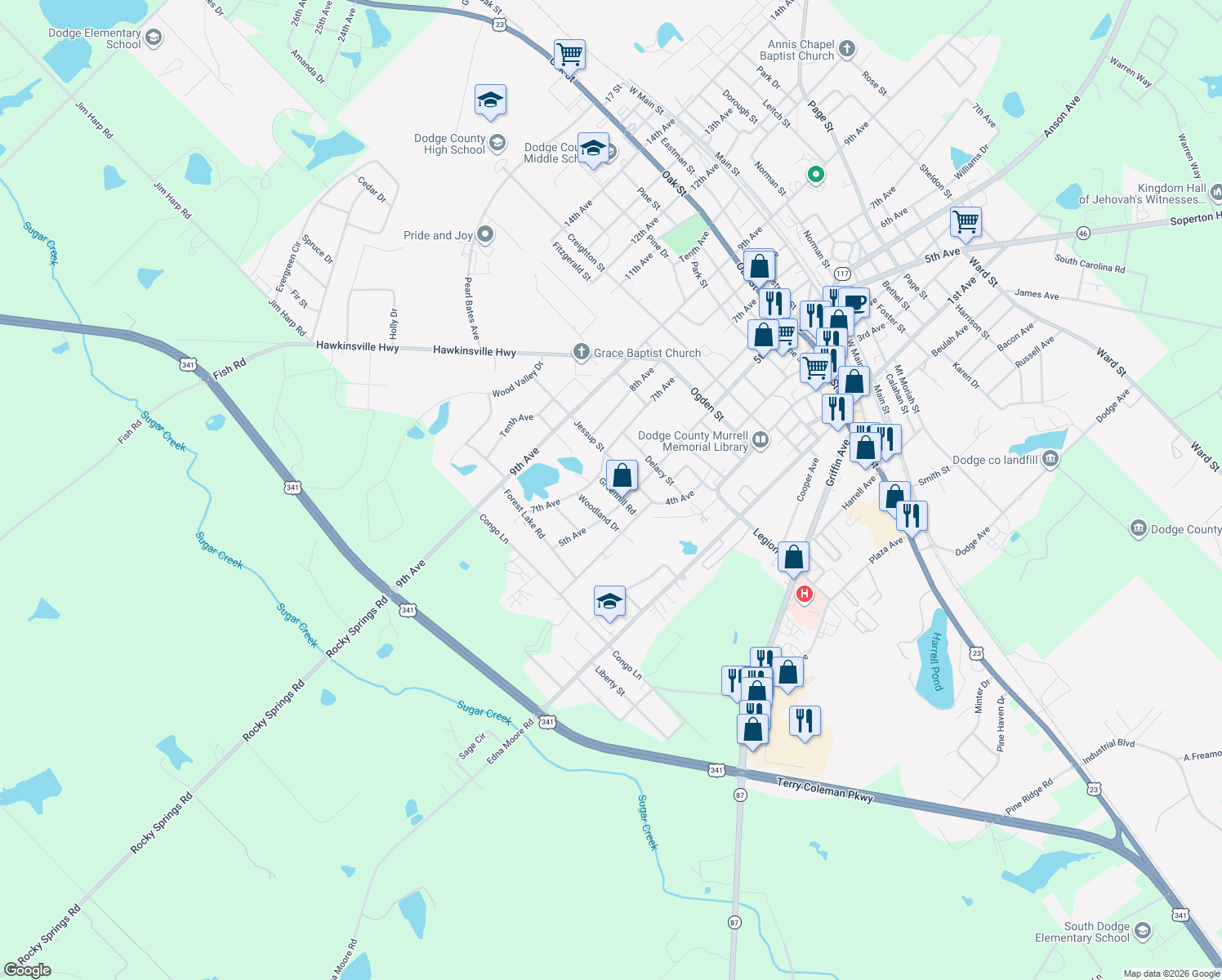 map of restaurants, bars, coffee shops, grocery stores, and more near 5021 Greenhill Road in Eastman