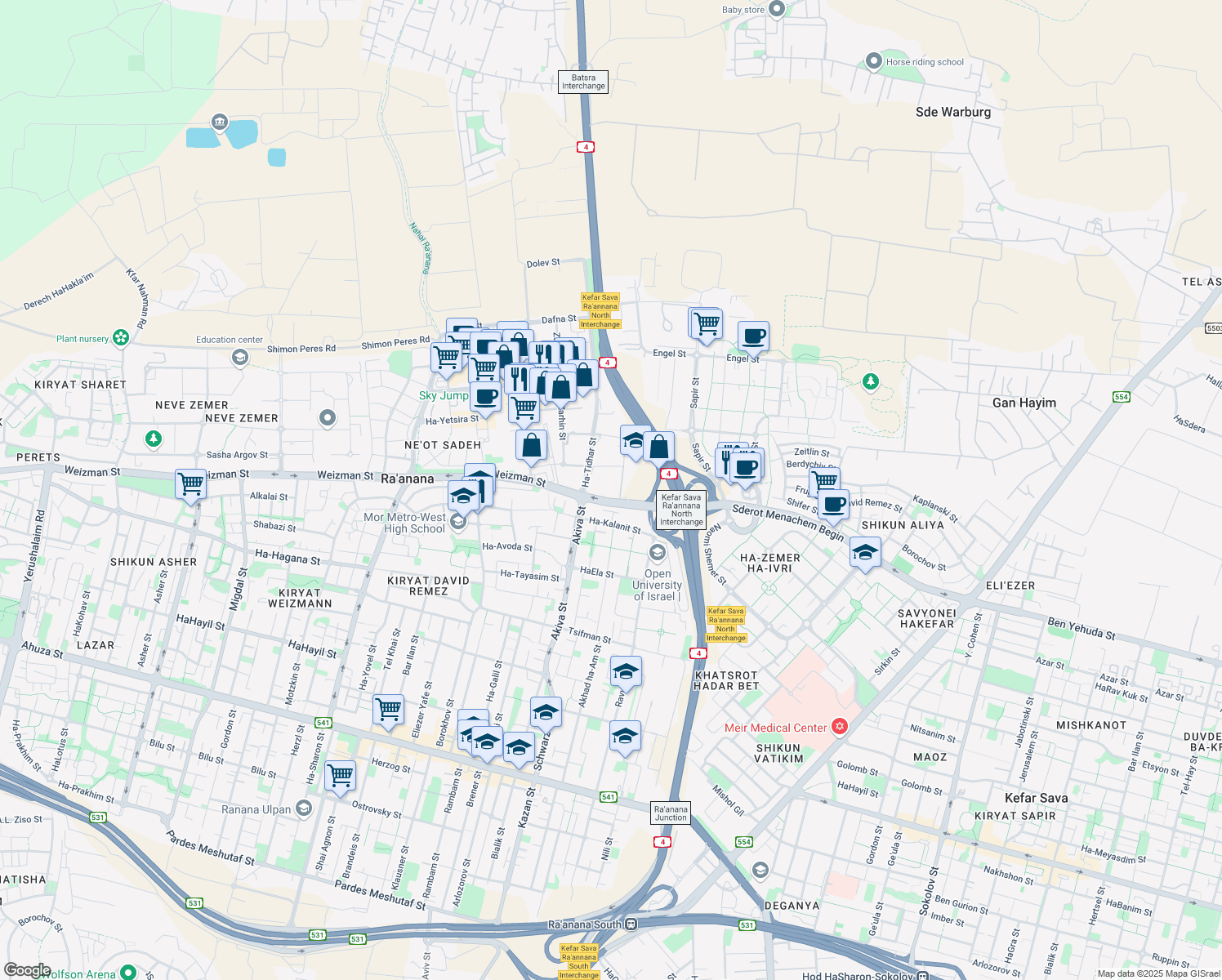 map of restaurants, bars, coffee shops, grocery stores, and more near 4 HaSheizaf Street in Ra'anana