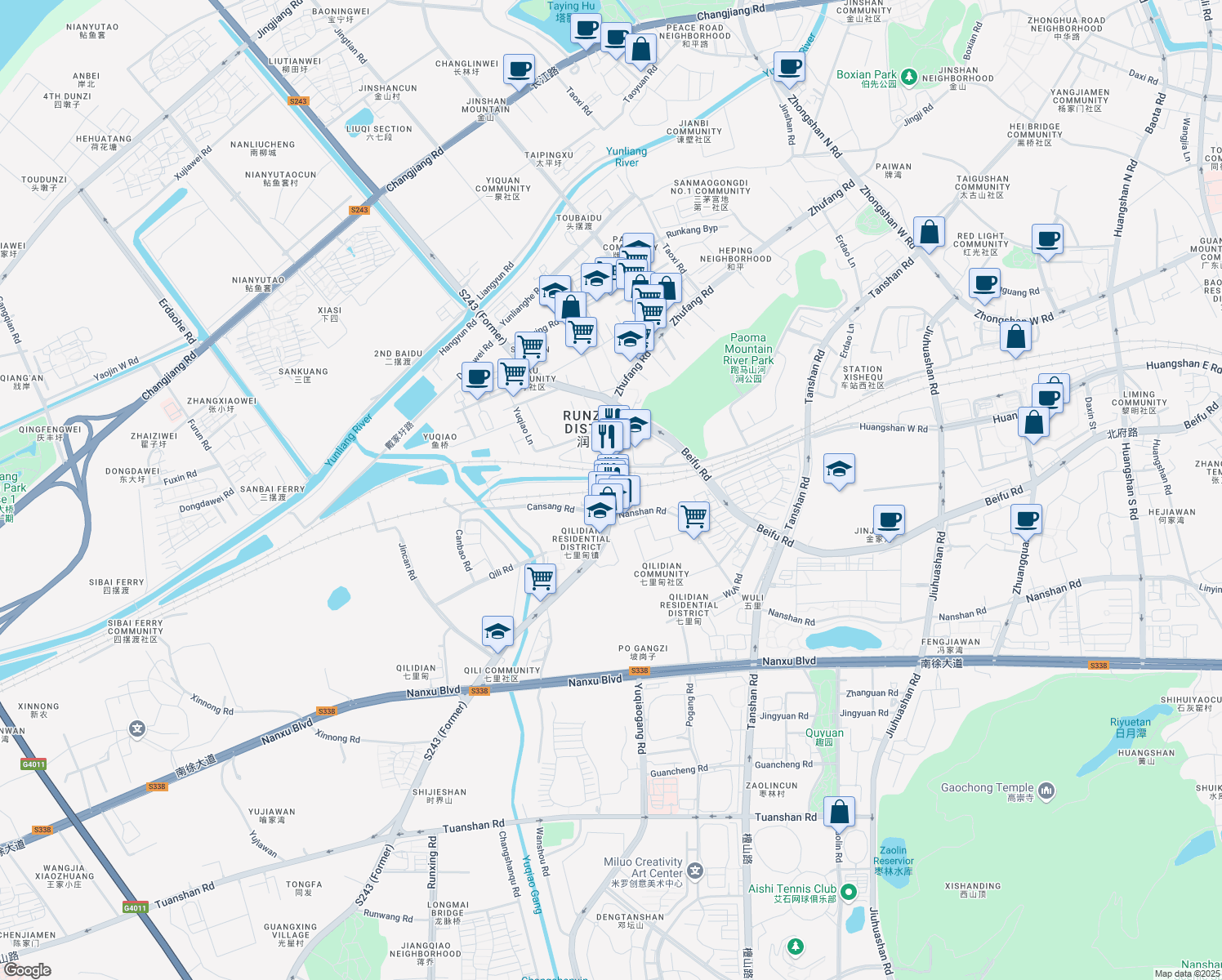 map of restaurants, bars, coffee shops, grocery stores, and more near Zhu Fang Lu in Zhen Jiang Shi