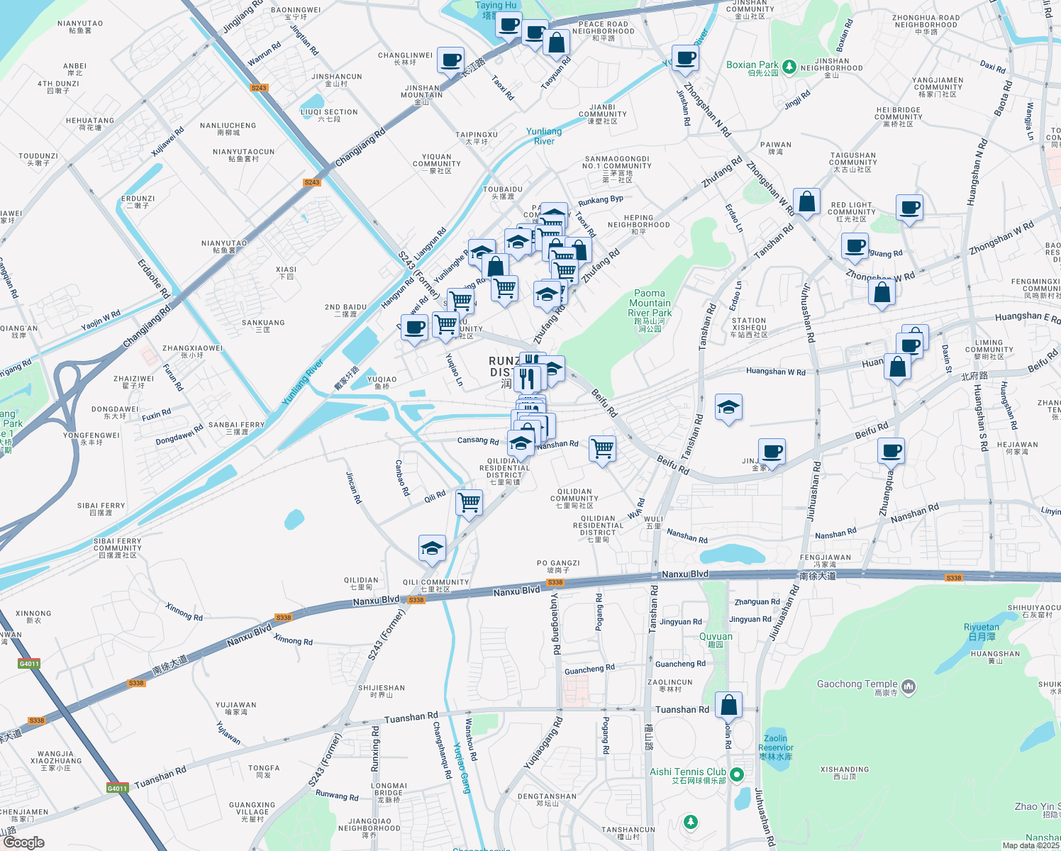 map of restaurants, bars, coffee shops, grocery stores, and more near Zhu Fang Lu in Zhen Jiang Shi