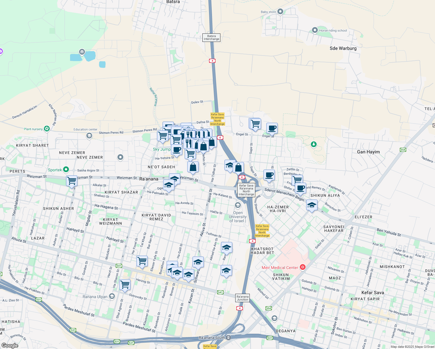 map of restaurants, bars, coffee shops, grocery stores, and more near 4 HaSheizaf Street in Ra'anana