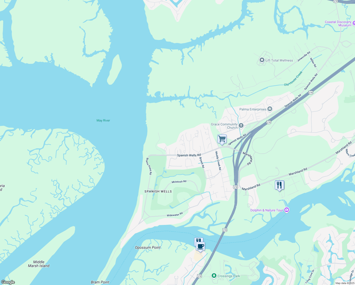 map of restaurants, bars, coffee shops, grocery stores, and more near 47 Captain Sim Drive in Hilton Head Island