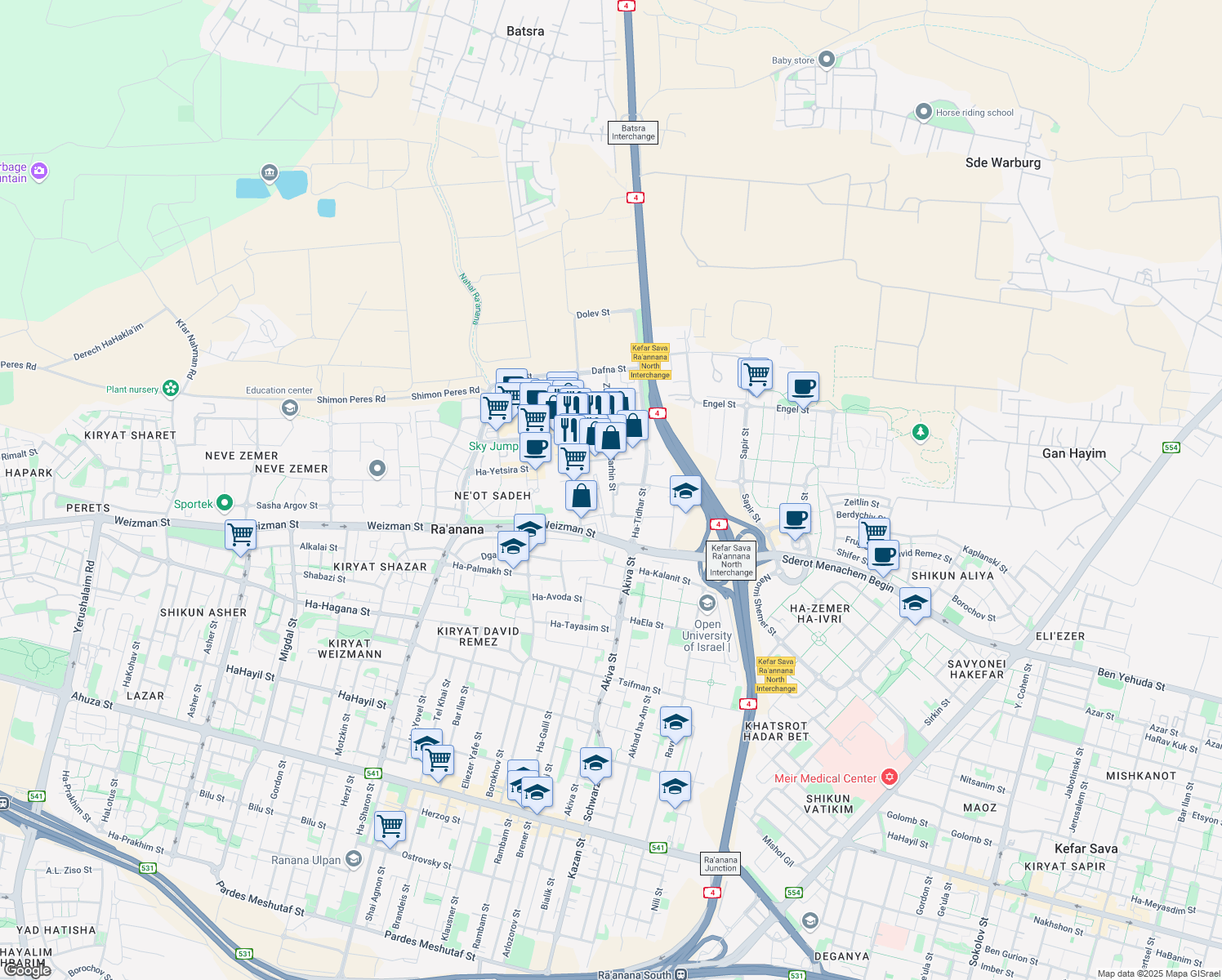 map of restaurants, bars, coffee shops, grocery stores, and more near 1 Zarhin Street in Ra'anana