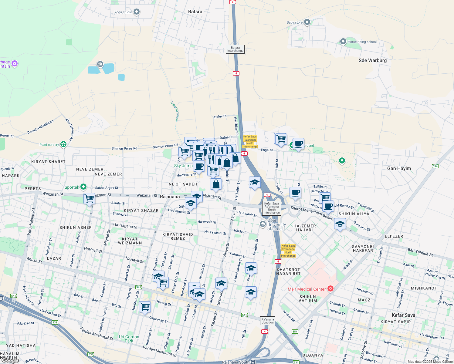 map of restaurants, bars, coffee shops, grocery stores, and more near 1 Zarhin Street in Ra'anana