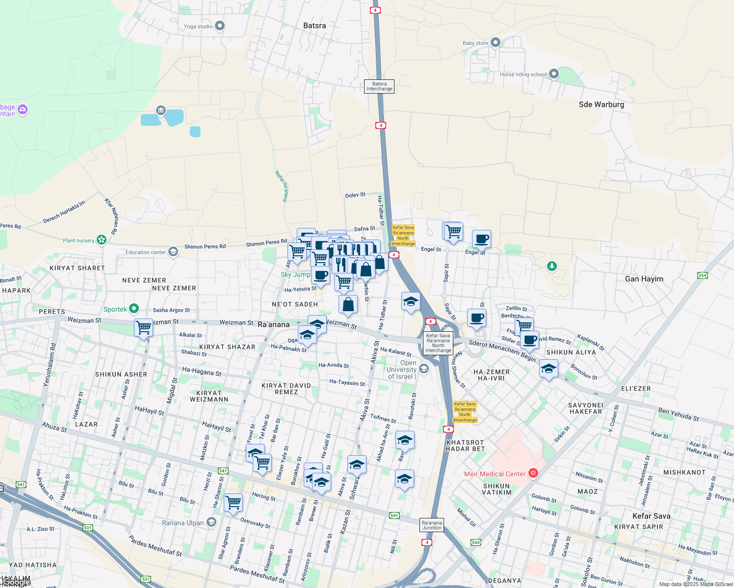 map of restaurants, bars, coffee shops, grocery stores, and more near 1 Zarhin Street in Ra'anana