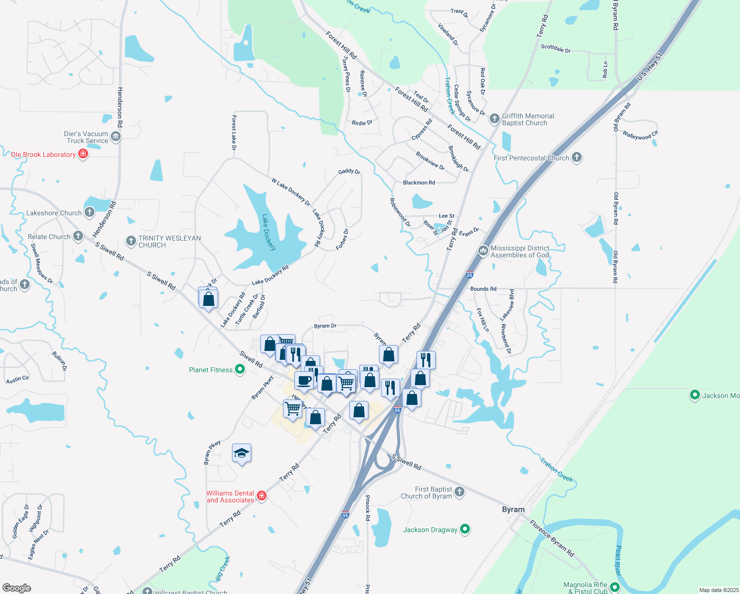 map of restaurants, bars, coffee shops, grocery stores, and more near 5089 Womack Drive in Byram