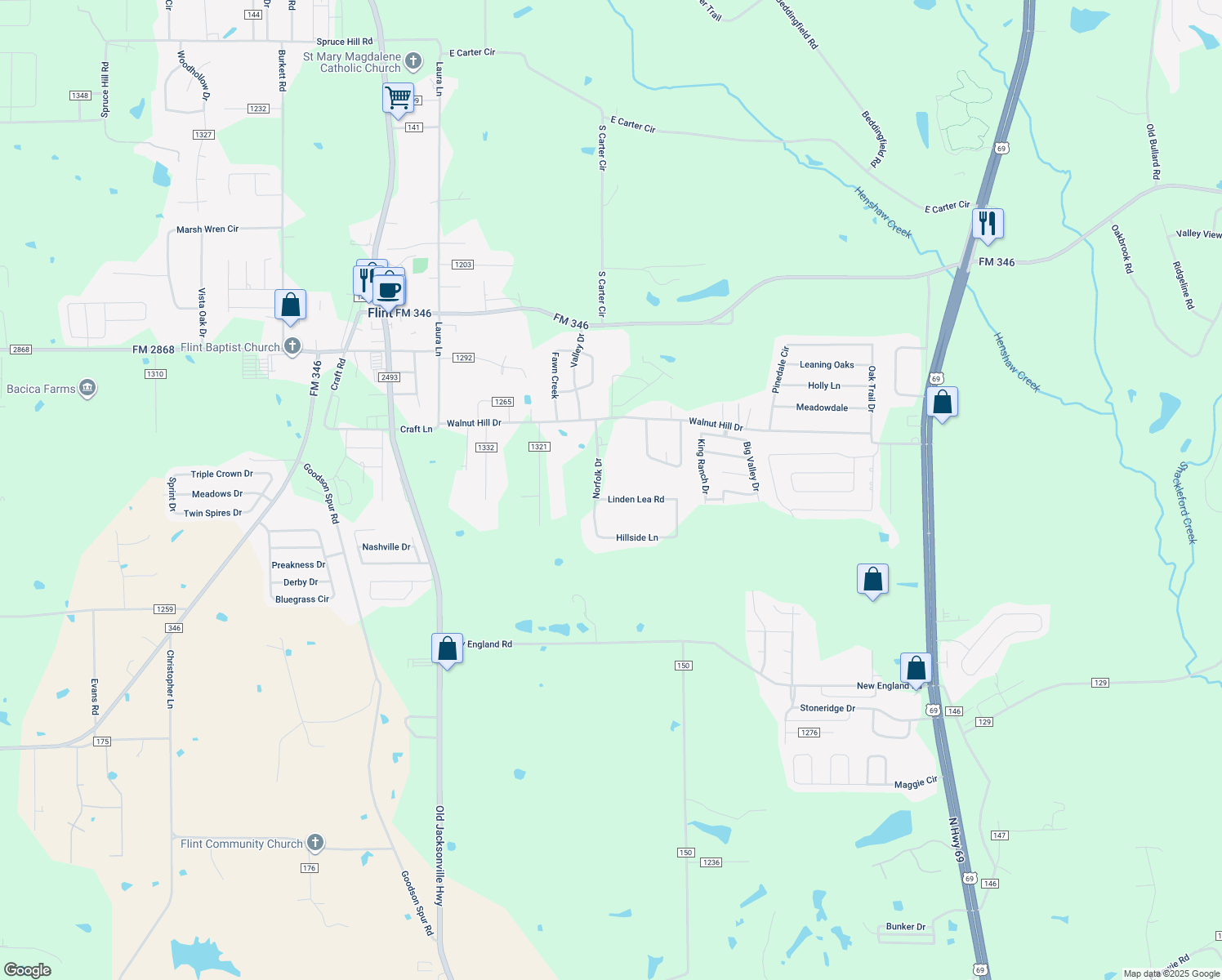 map of restaurants, bars, coffee shops, grocery stores, and more near 19545 Norfolk Drive in Flint
