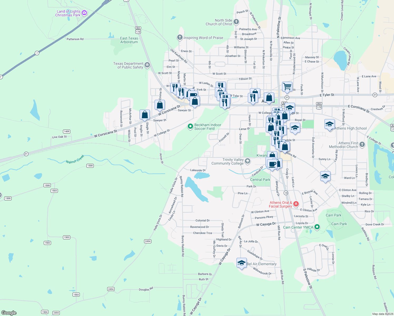 map of restaurants, bars, coffee shops, grocery stores, and more near 605 Valle Vista Drive in Athens