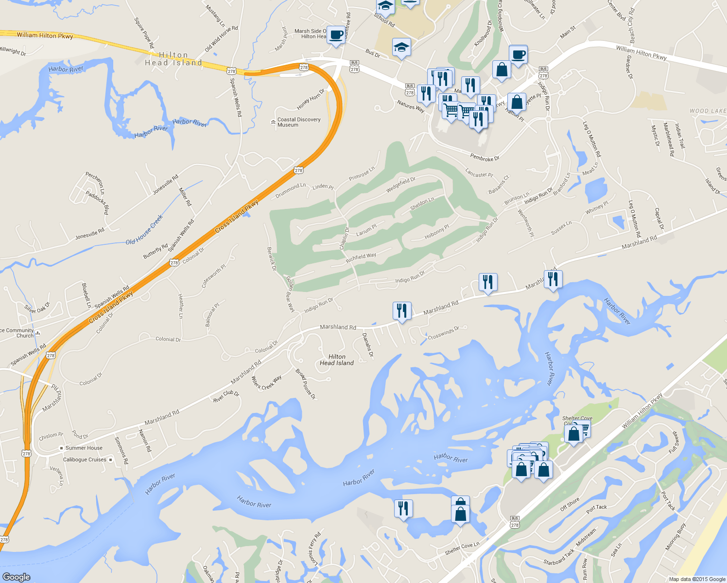 map of restaurants, bars, coffee shops, grocery stores, and more near 1 Camden Lane in Hilton Head Island