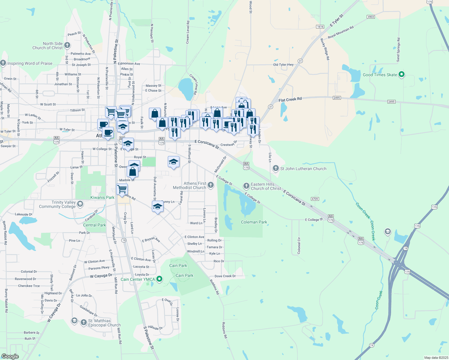 map of restaurants, bars, coffee shops, grocery stores, and more near 2298 East College Street in Athens