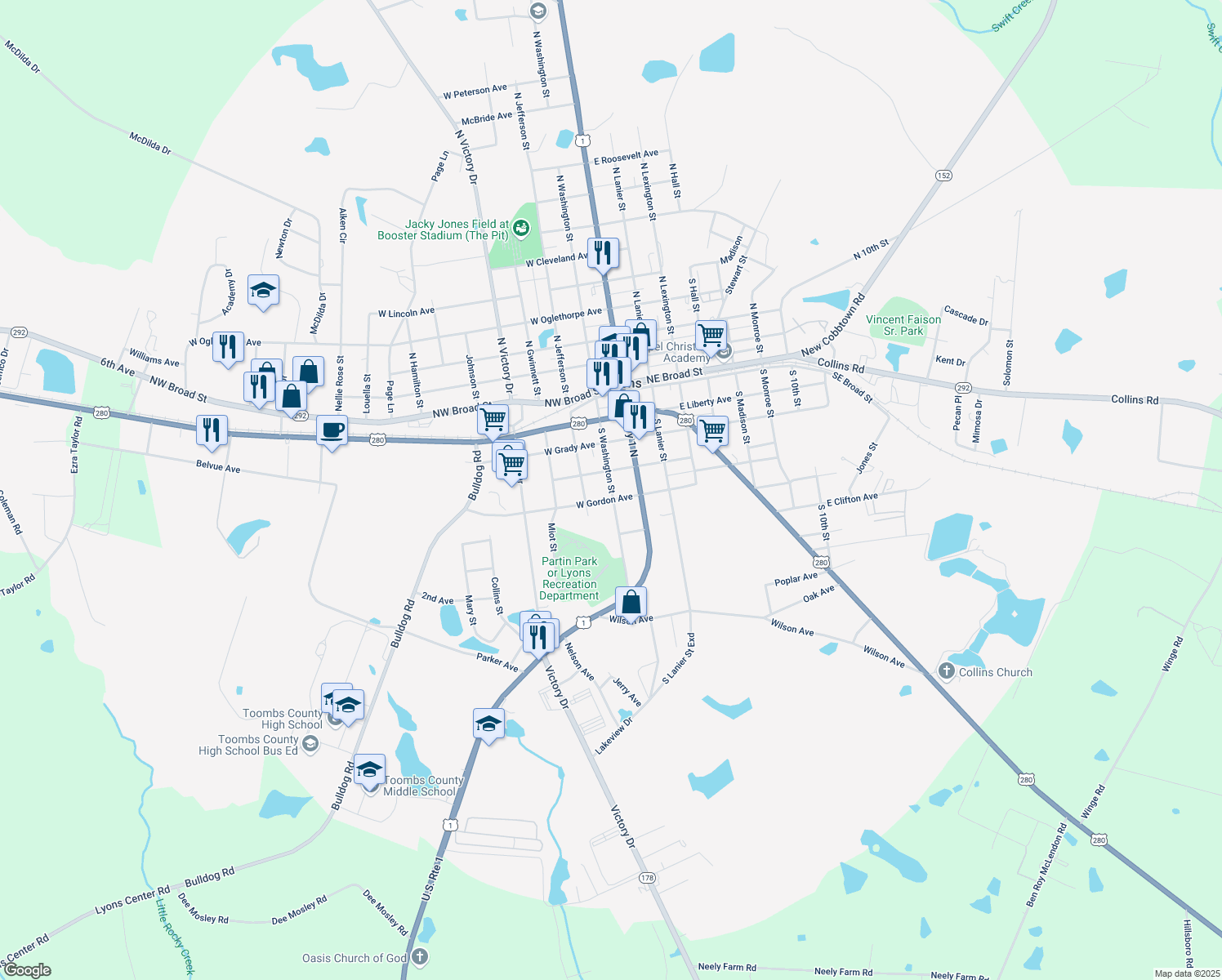 map of restaurants, bars, coffee shops, grocery stores, and more near 274 South Washington Street in Lyons