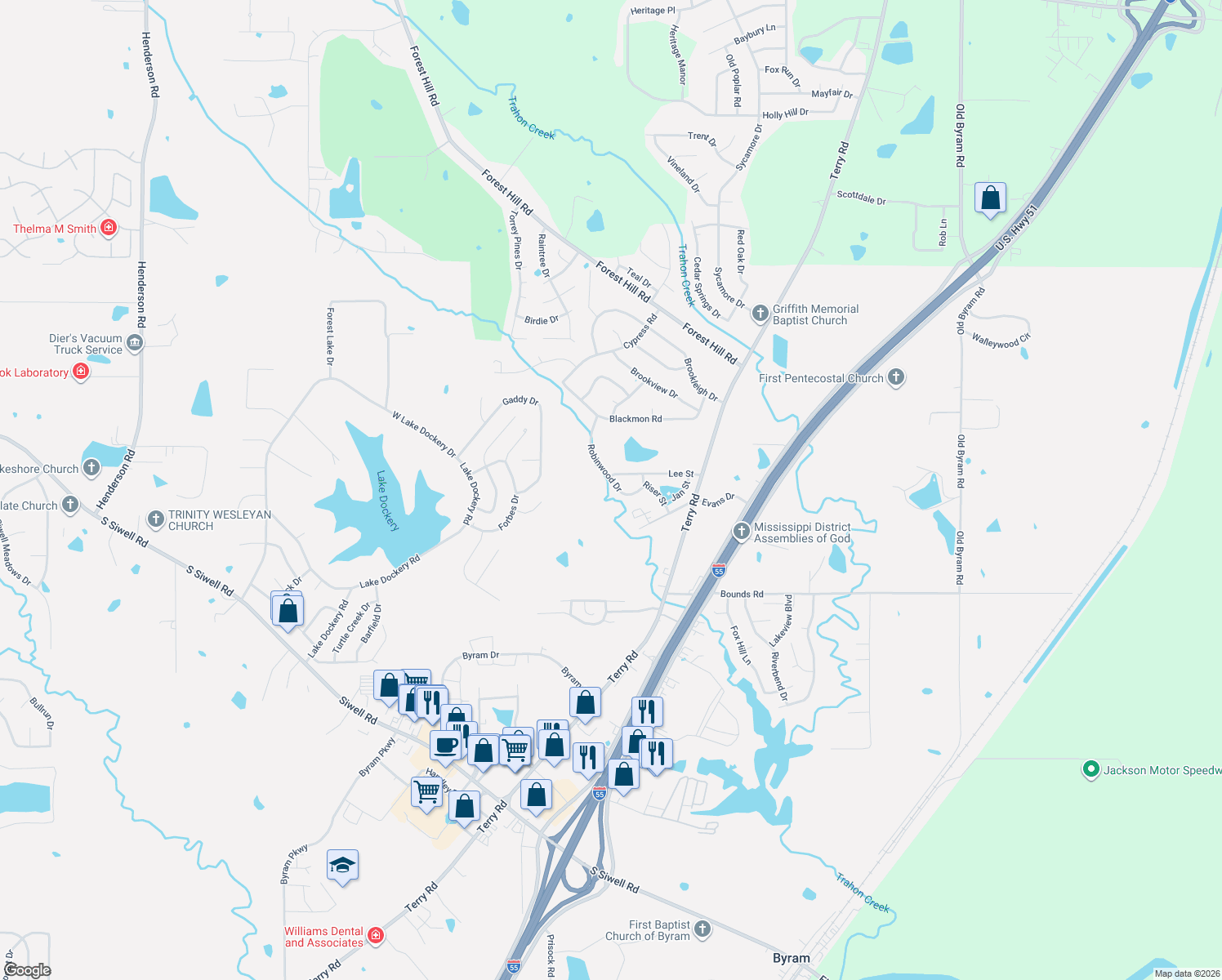 map of restaurants, bars, coffee shops, grocery stores, and more near 868 Robinwood Drive in Jackson