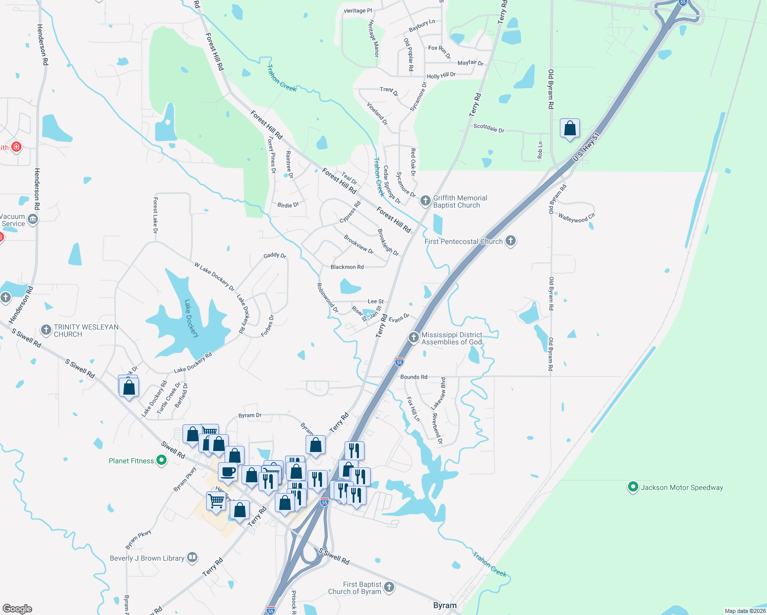 map of restaurants, bars, coffee shops, grocery stores, and more near 206 Jan St in Byram