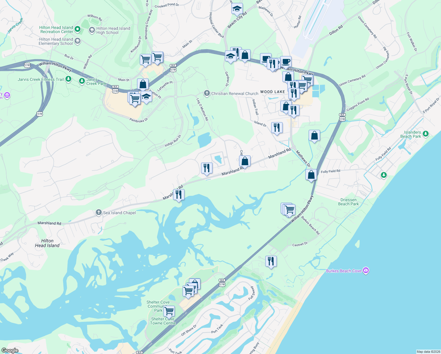 map of restaurants, bars, coffee shops, grocery stores, and more near 61 Marshland Road in Hilton Head Island