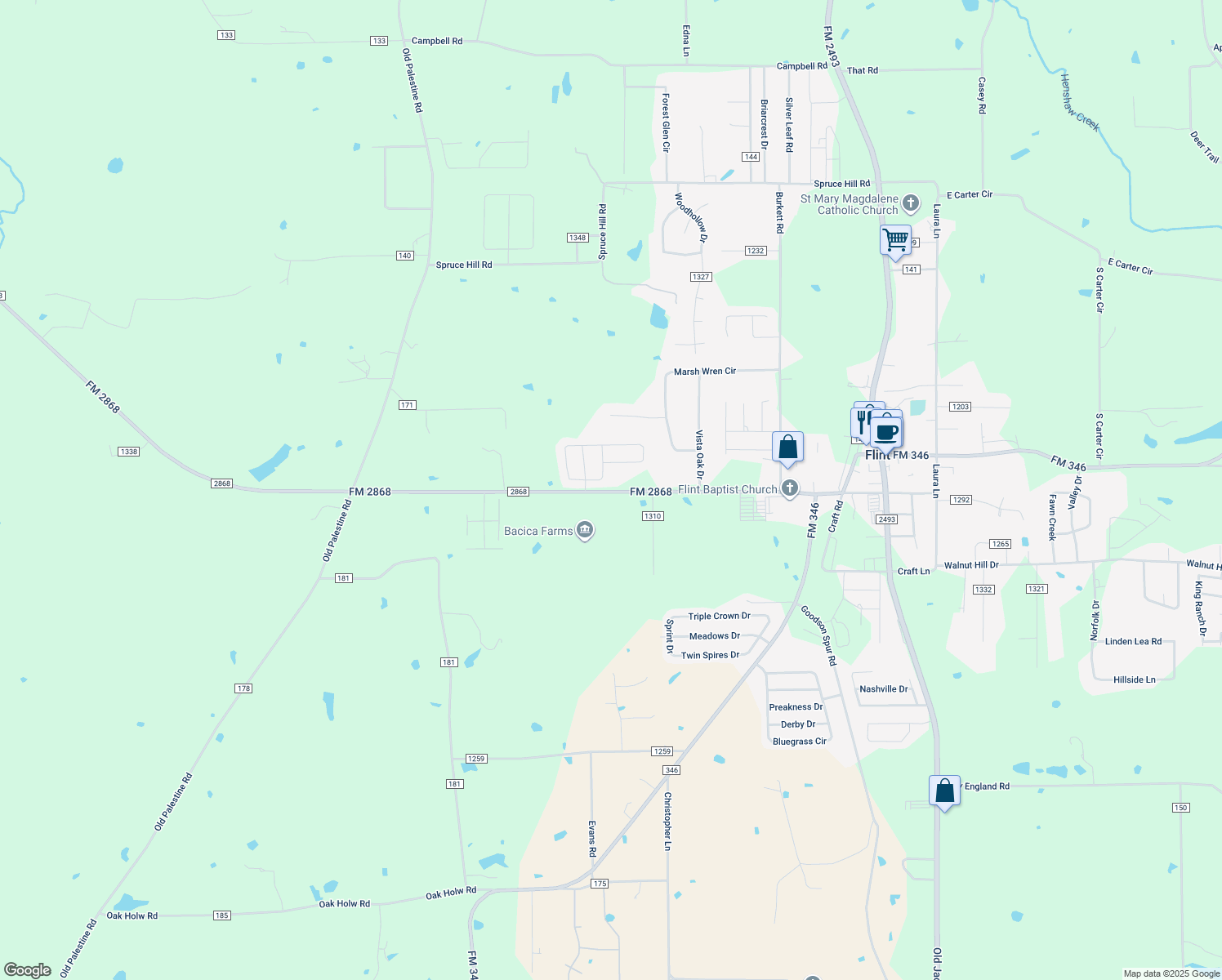map of restaurants, bars, coffee shops, grocery stores, and more near 11654 FM 2868 in Flint