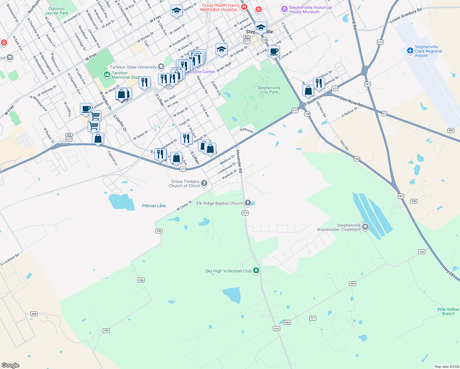 map of restaurants, bars, coffee shops, grocery stores, and more near Bowman Ridge Road in Stephenville