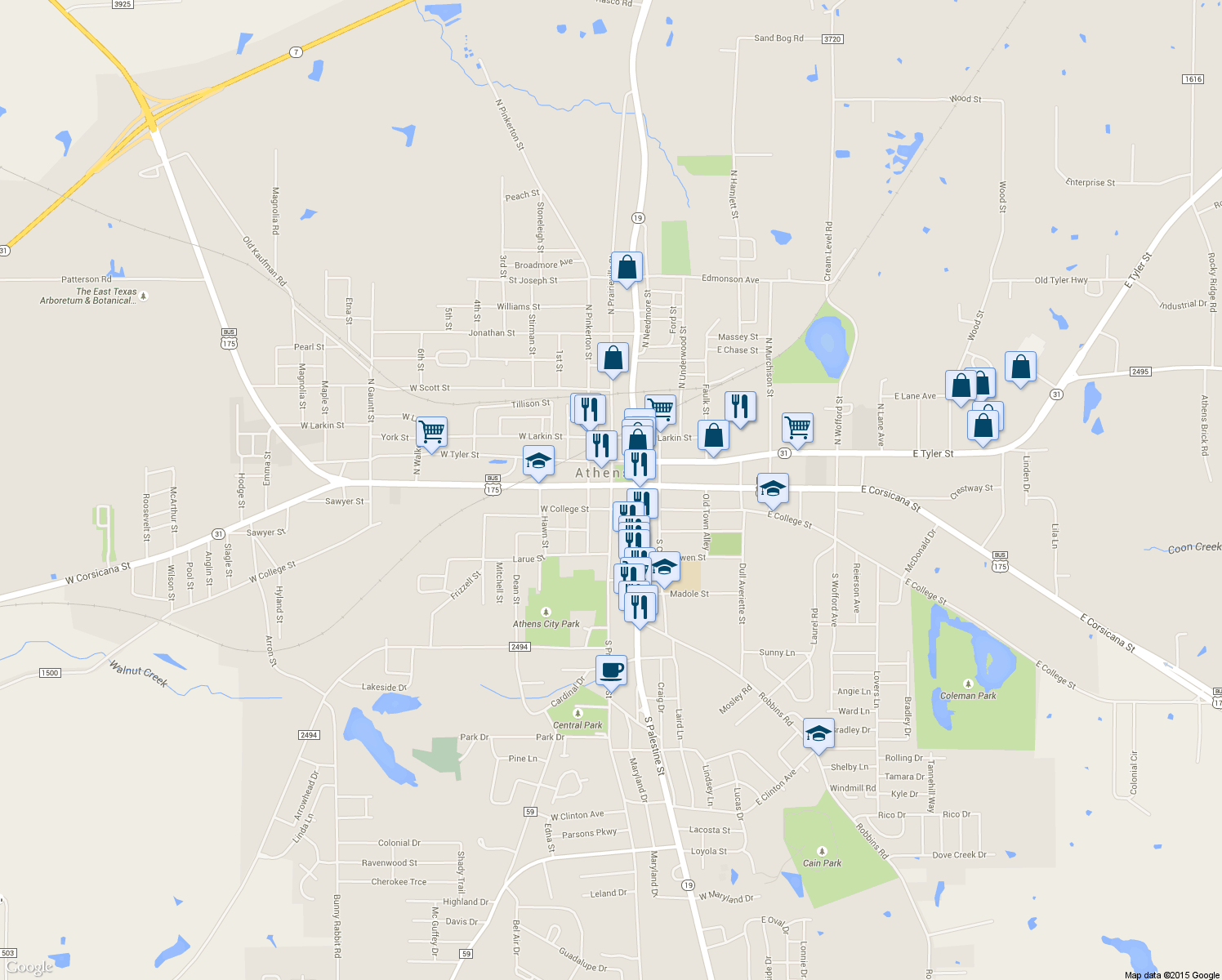 map of restaurants, bars, coffee shops, grocery stores, and more near 121 S Prairieville St in Athens