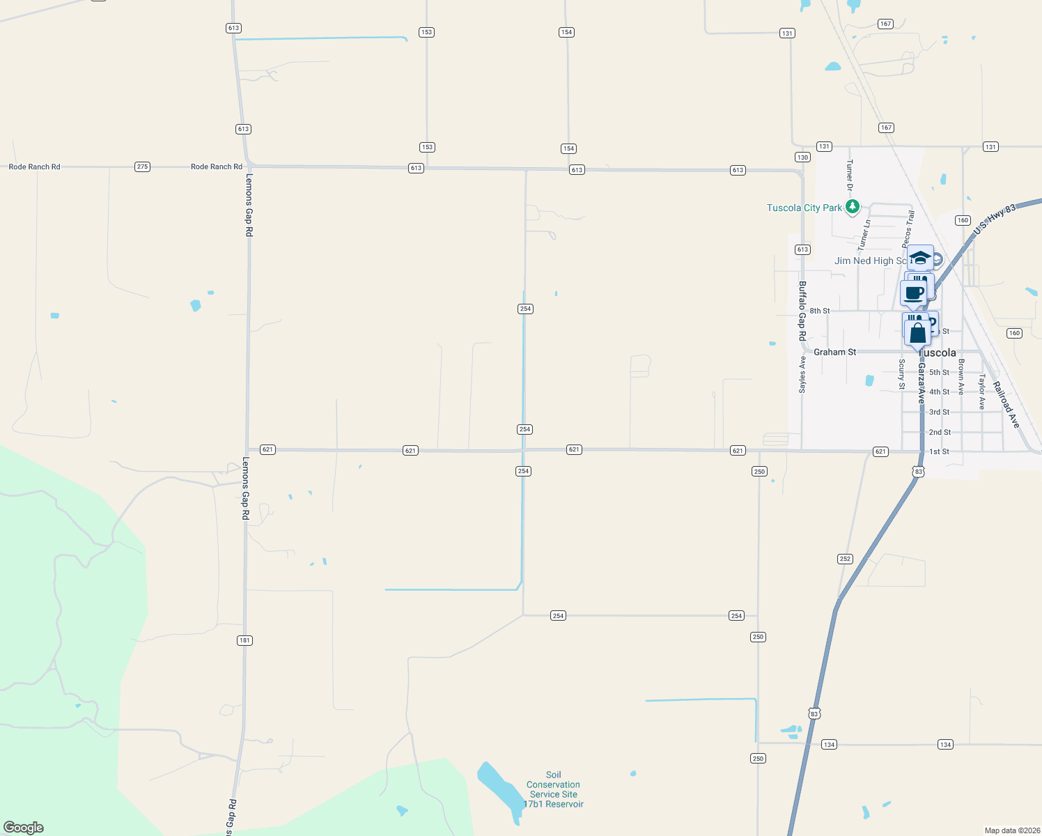 map of restaurants, bars, coffee shops, grocery stores, and more near 710 County Road 254 in Tuscola