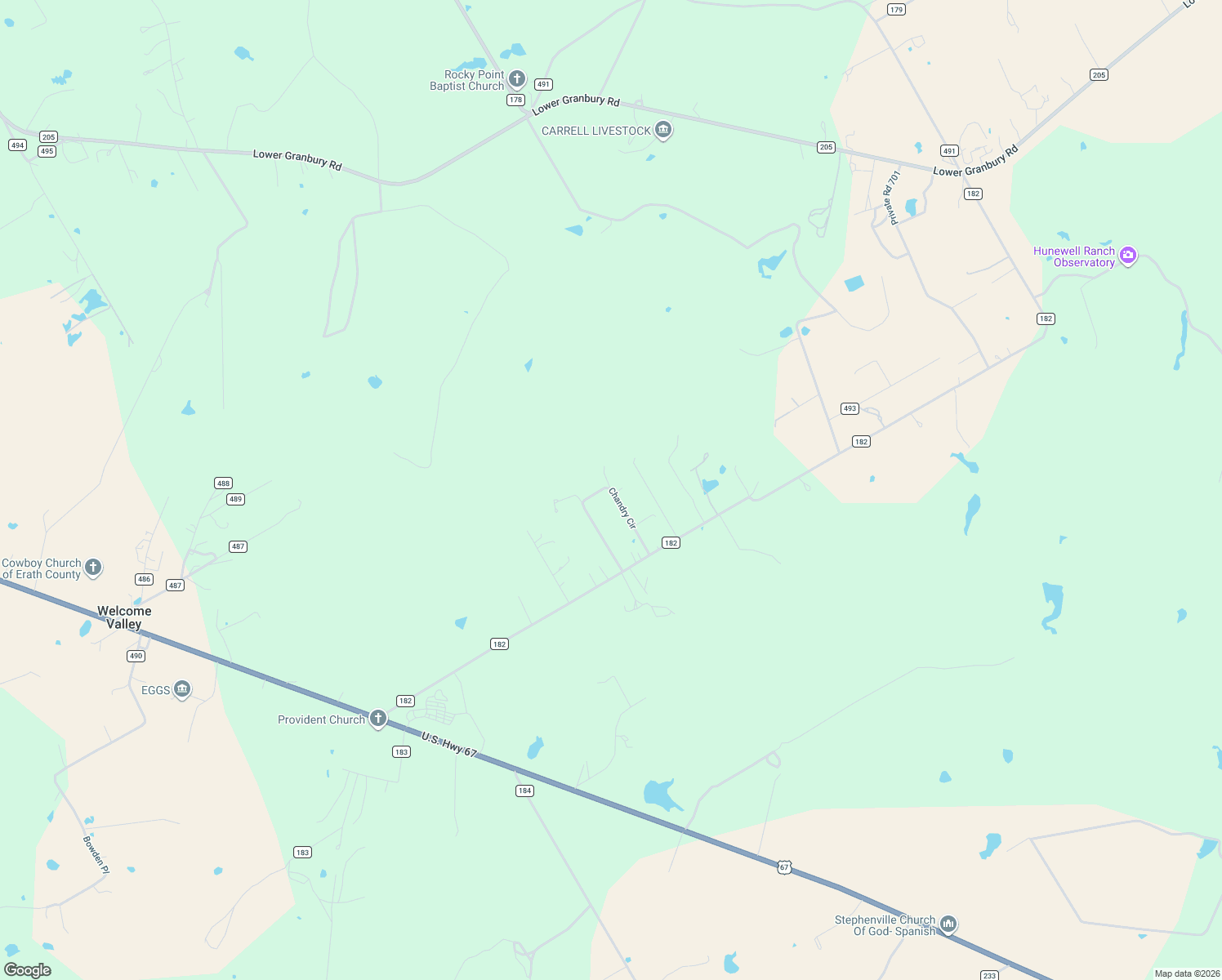 map of restaurants, bars, coffee shops, grocery stores, and more near 343 Chandry Circle in Stephenville