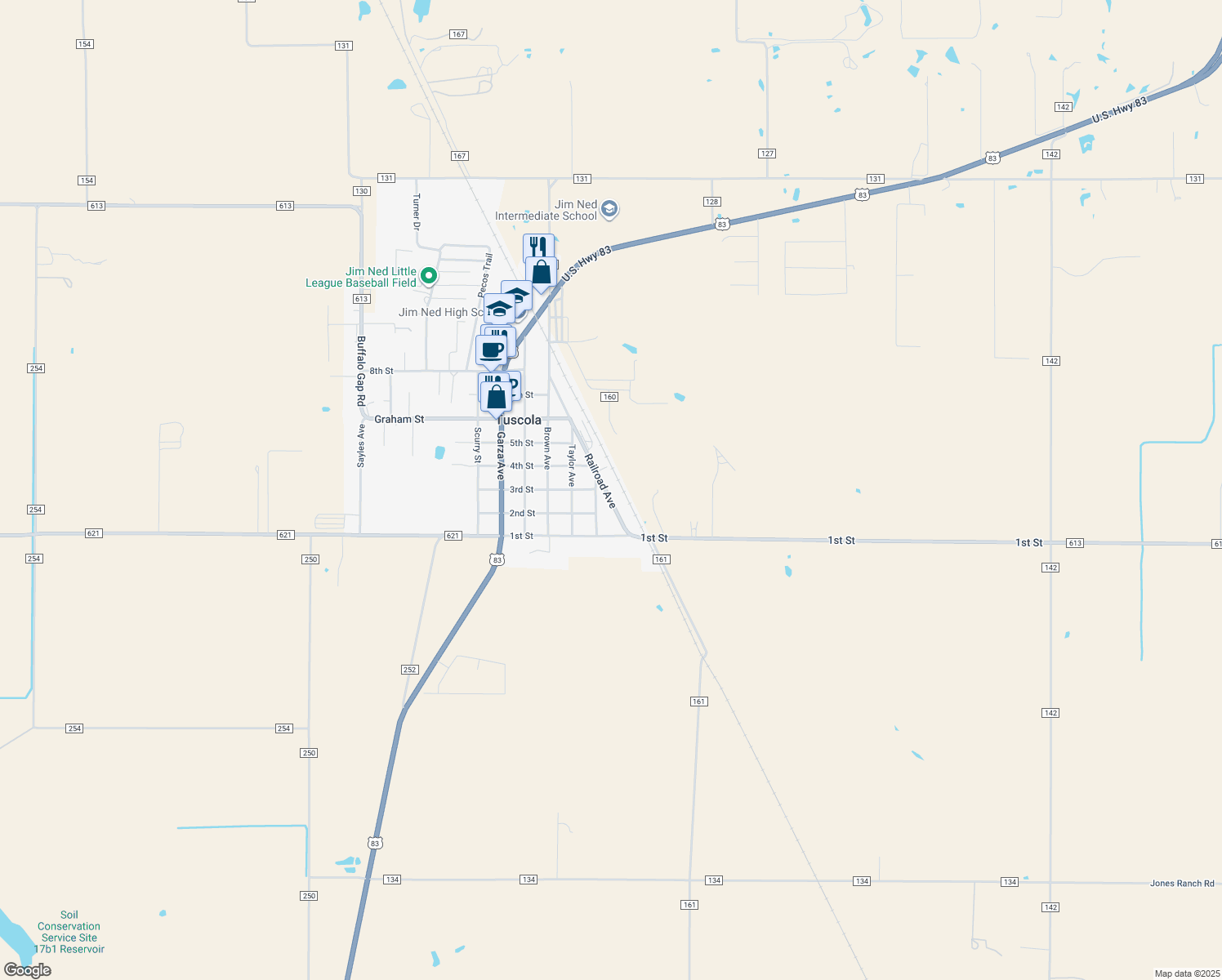 map of restaurants, bars, coffee shops, grocery stores, and more near 257 Railroad Avenue in Tuscola