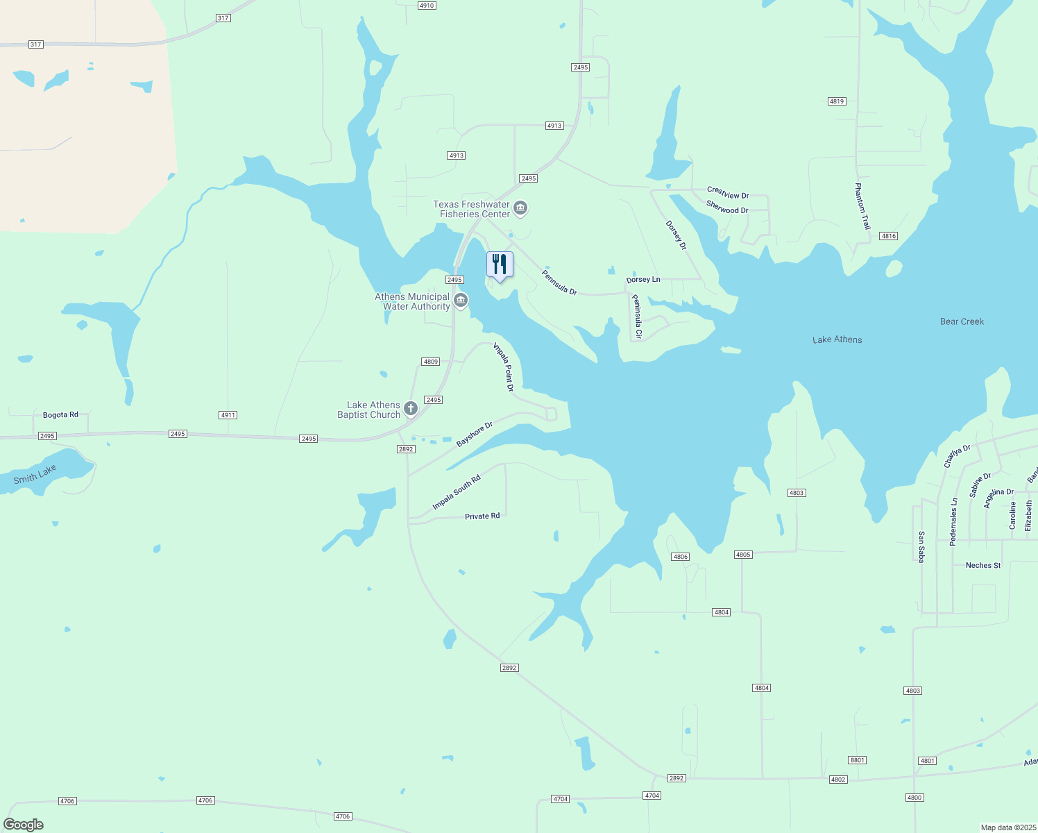 map of restaurants, bars, coffee shops, grocery stores, and more near 5552 Bayshore Drive in Athens