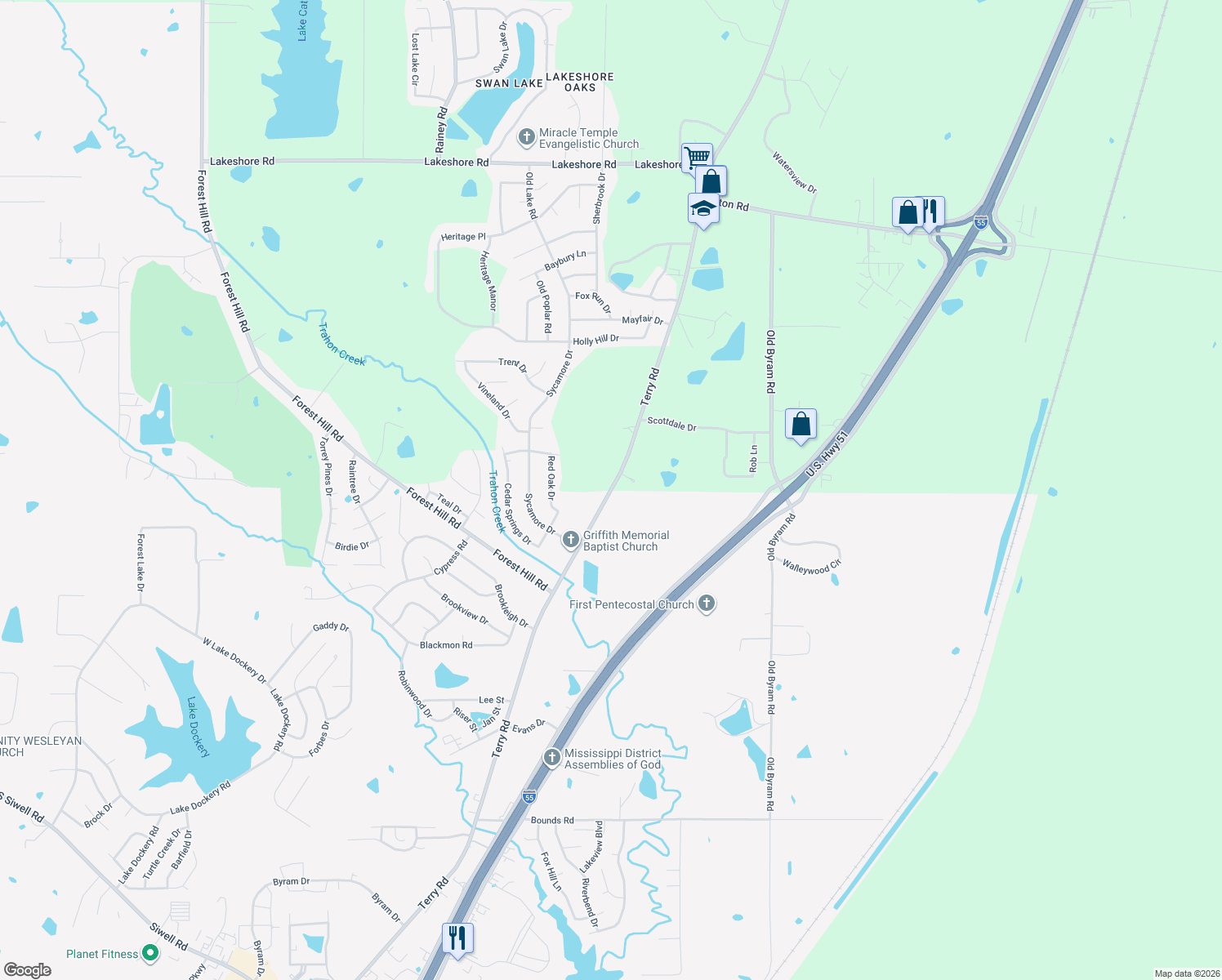 map of restaurants, bars, coffee shops, grocery stores, and more near 4355 Terry Rd in Jackson