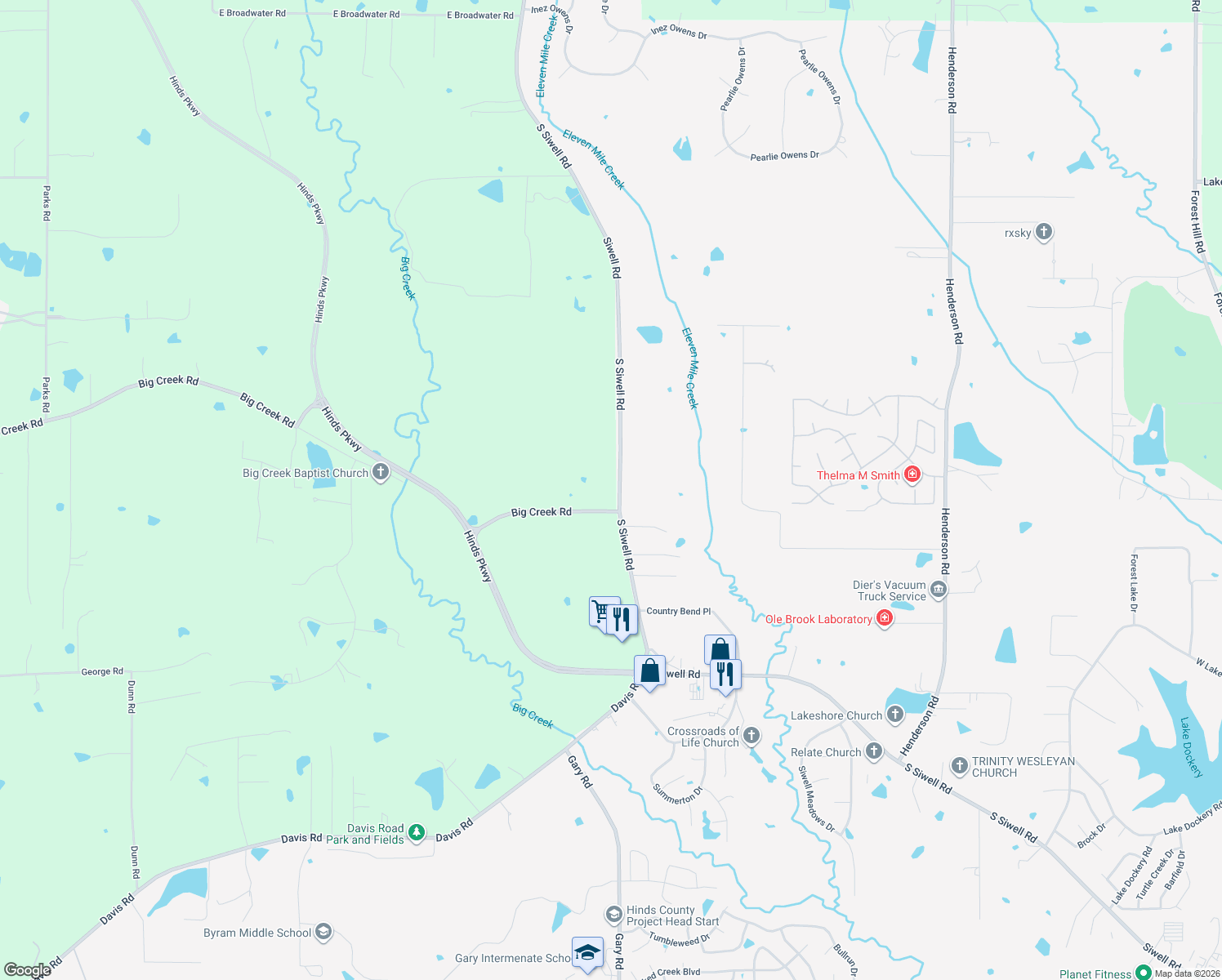 map of restaurants, bars, coffee shops, grocery stores, and more near 6675 S Siwell Rd in Jackson