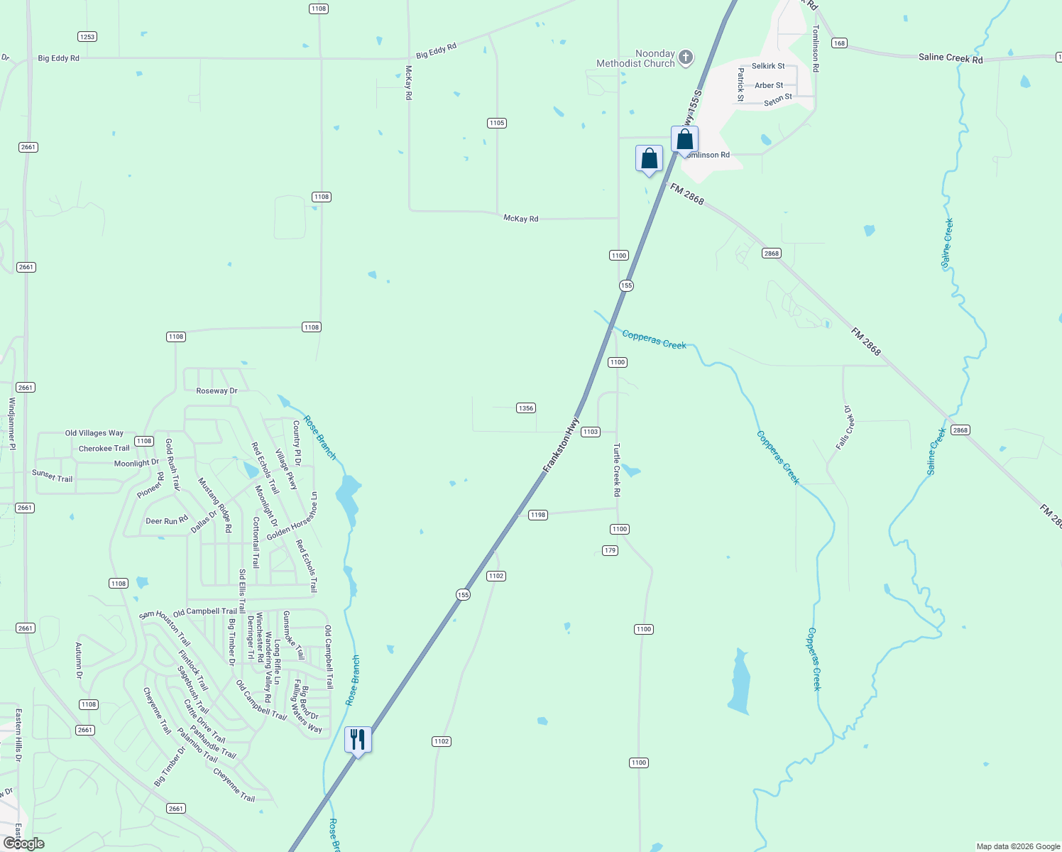 map of restaurants, bars, coffee shops, grocery stores, and more near 15062 County Road 1103 in Flint