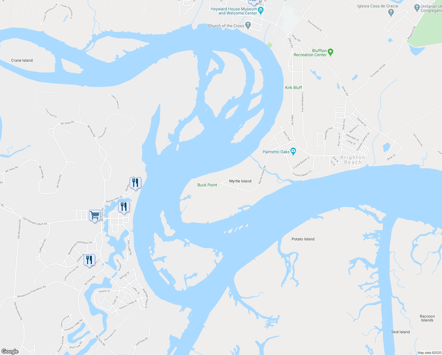 map of restaurants, bars, coffee shops, grocery stores, and more near 104 Myrtle Island Road in Bluffton