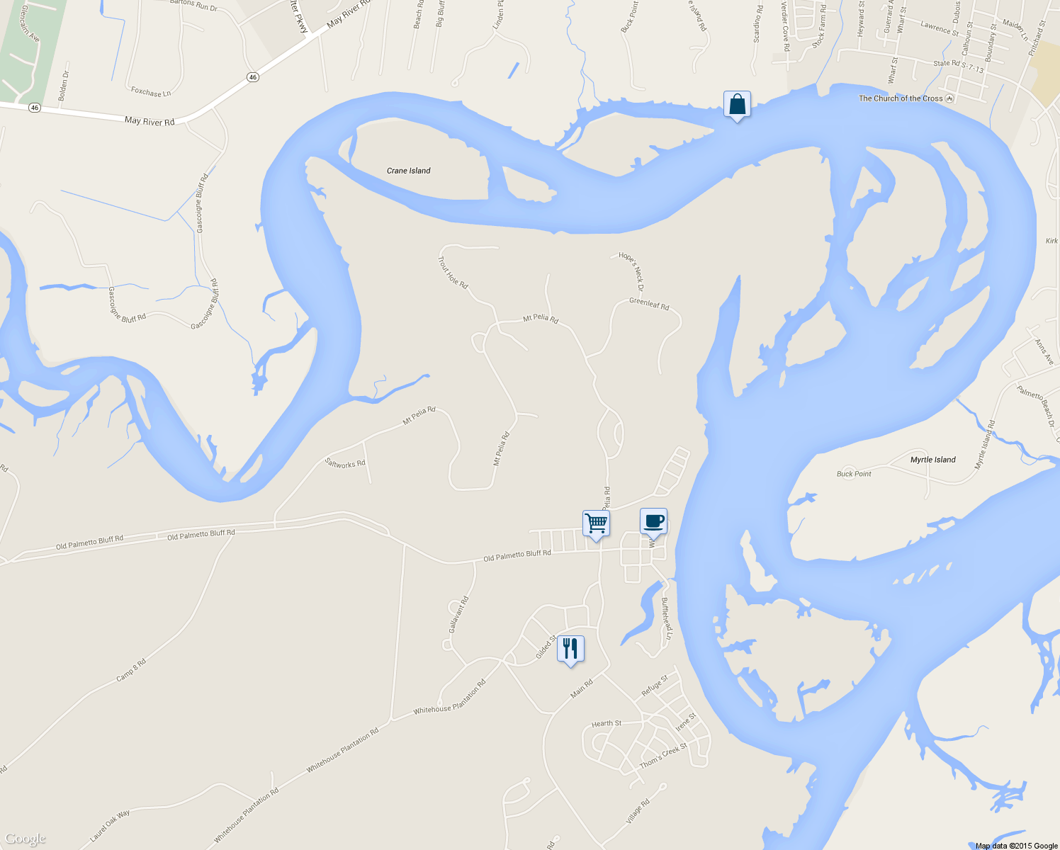 map of restaurants, bars, coffee shops, grocery stores, and more near 14 High Hope Way in Bluffton