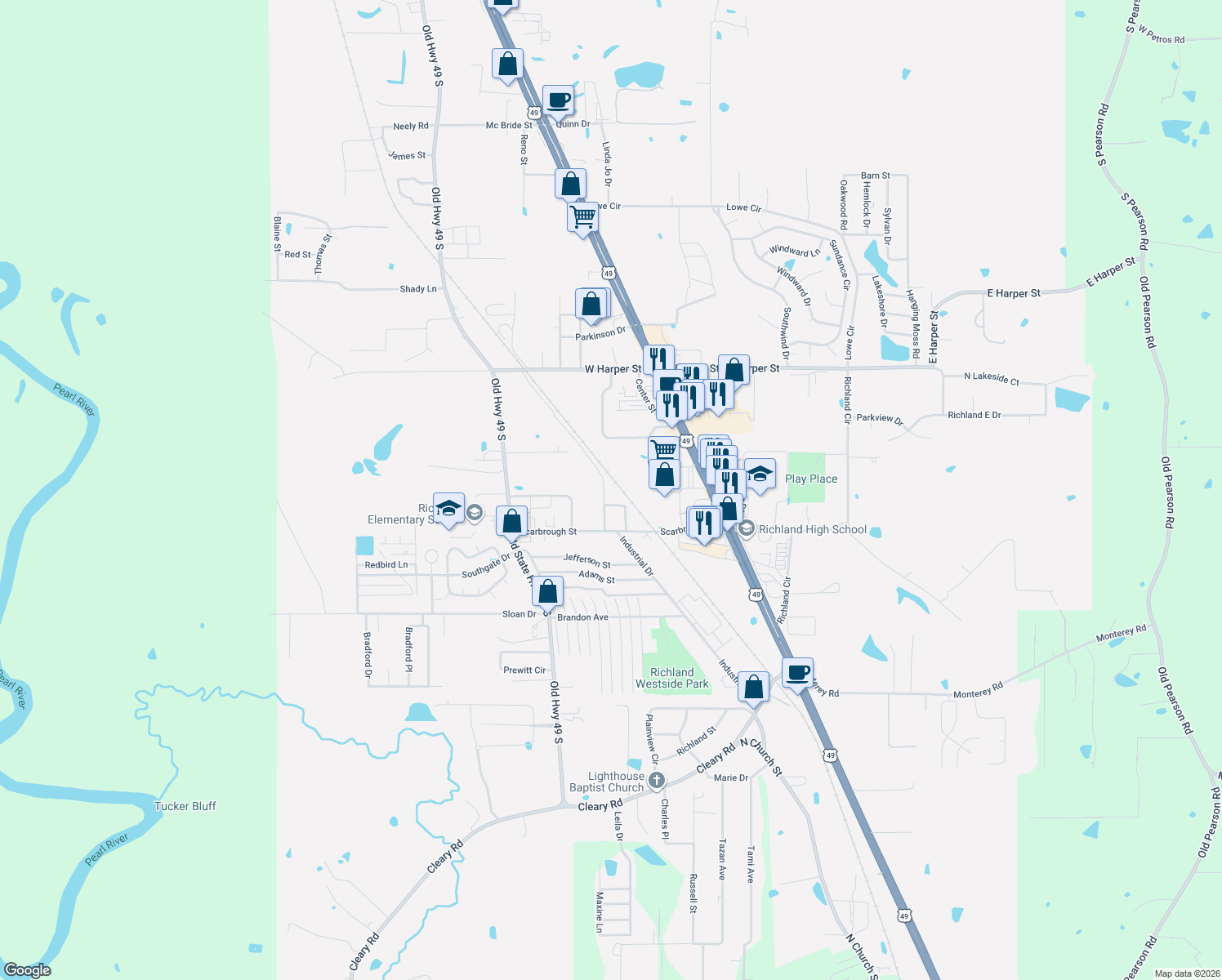map of restaurants, bars, coffee shops, grocery stores, and more near 345 Scarbrough Cir in Richland