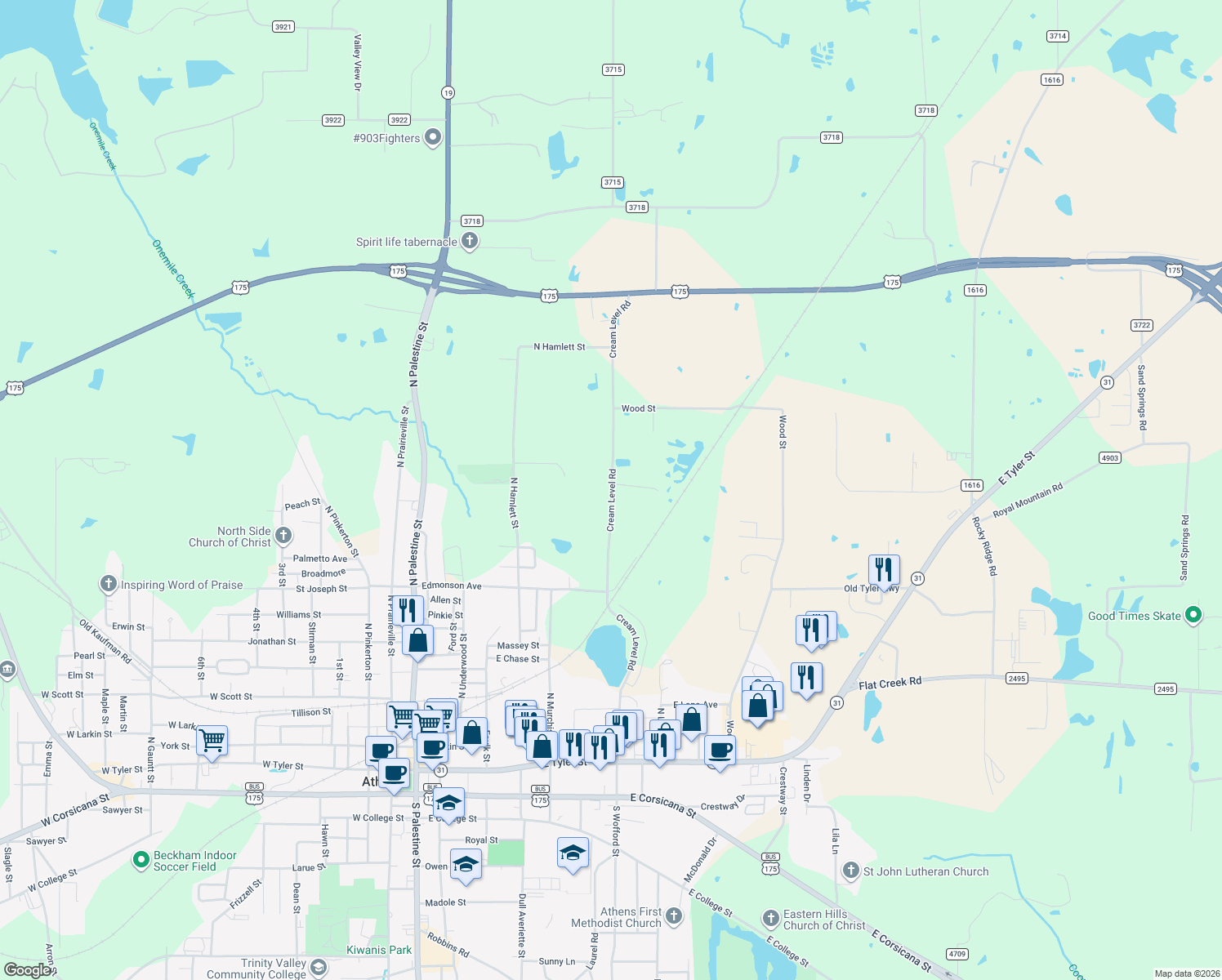 map of restaurants, bars, coffee shops, grocery stores, and more near 1009 Cream Level Road in Athens