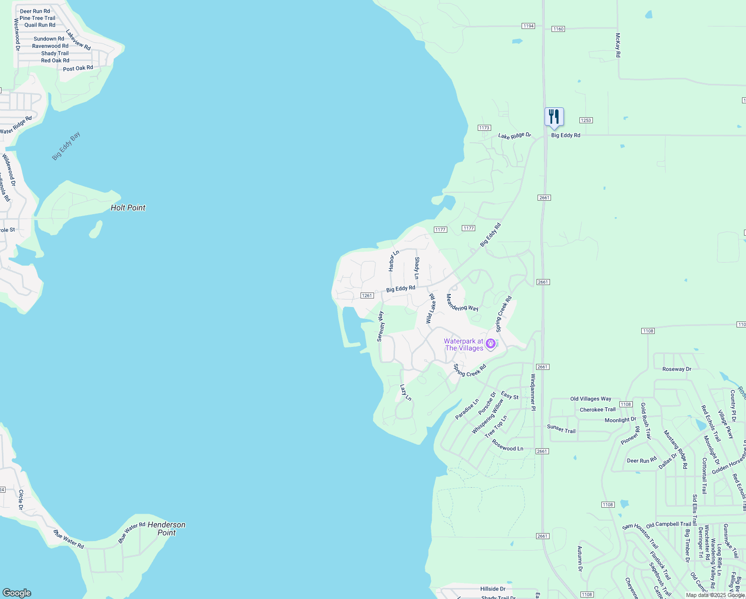 map of restaurants, bars, coffee shops, grocery stores, and more near 17651 County Road 1261 in Flint
