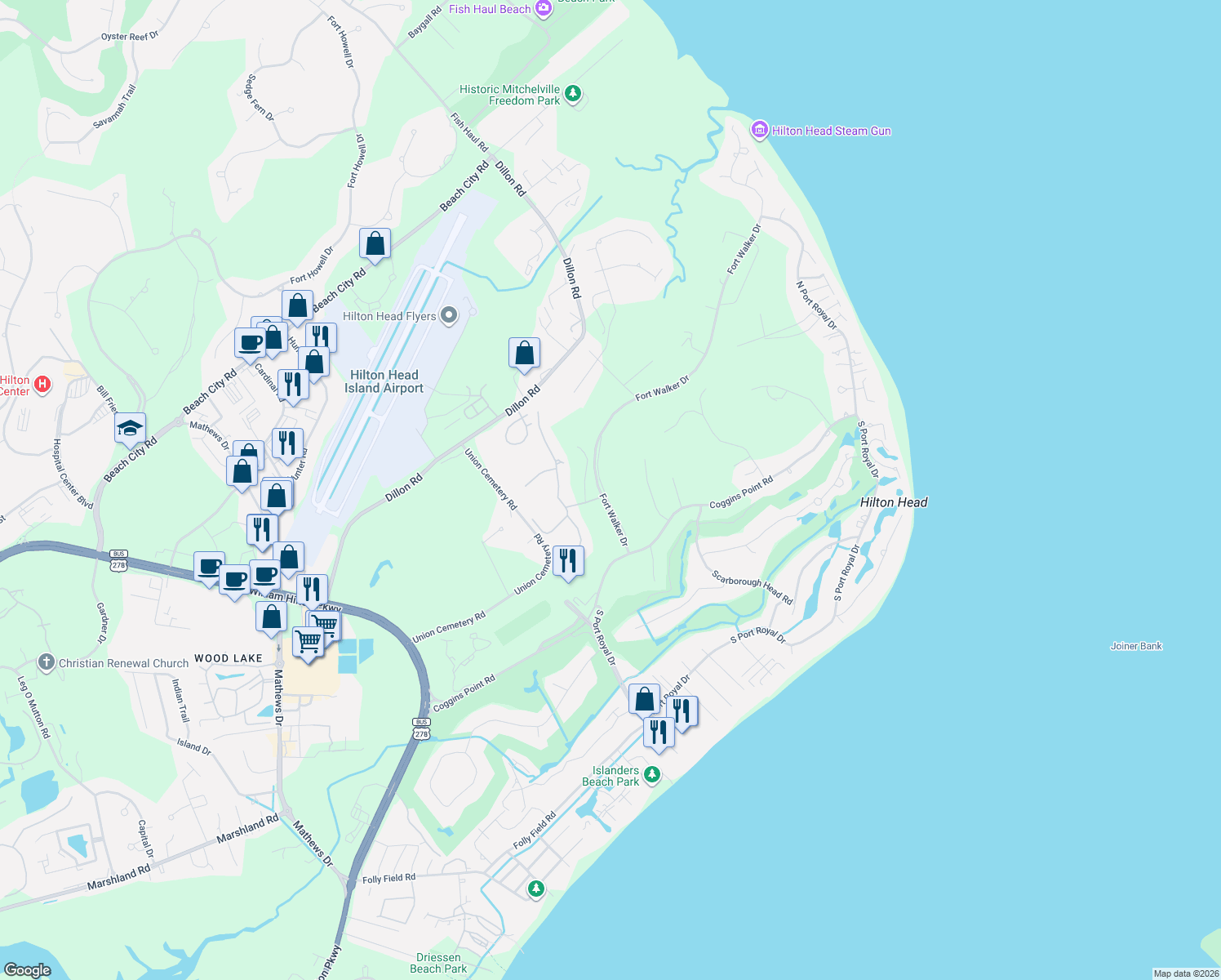 map of restaurants, bars, coffee shops, grocery stores, and more near 16 Suttlers Row in Hilton Head Island