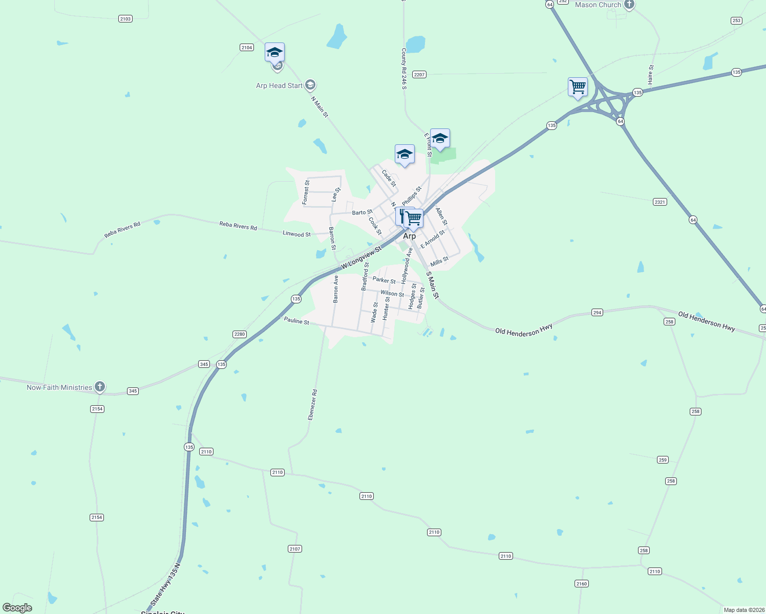 map of restaurants, bars, coffee shops, grocery stores, and more near 204 Hunter St in Arp