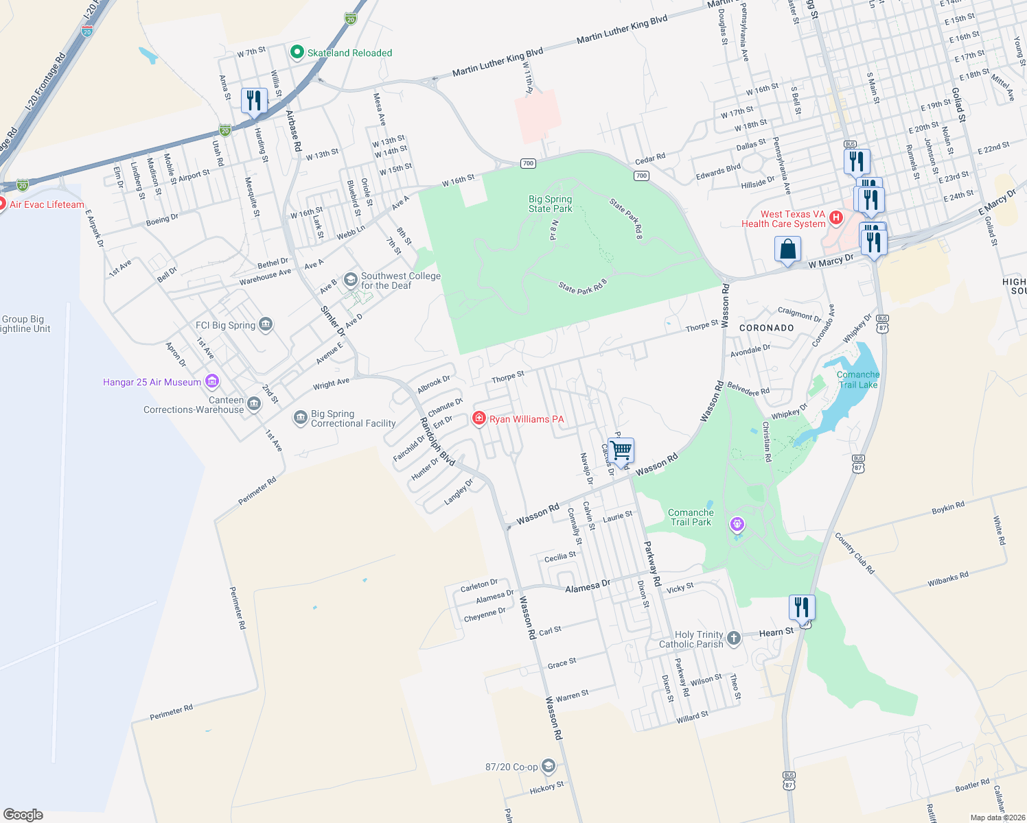 map of restaurants, bars, coffee shops, grocery stores, and more near 2799 Clanton St in Big Spring
