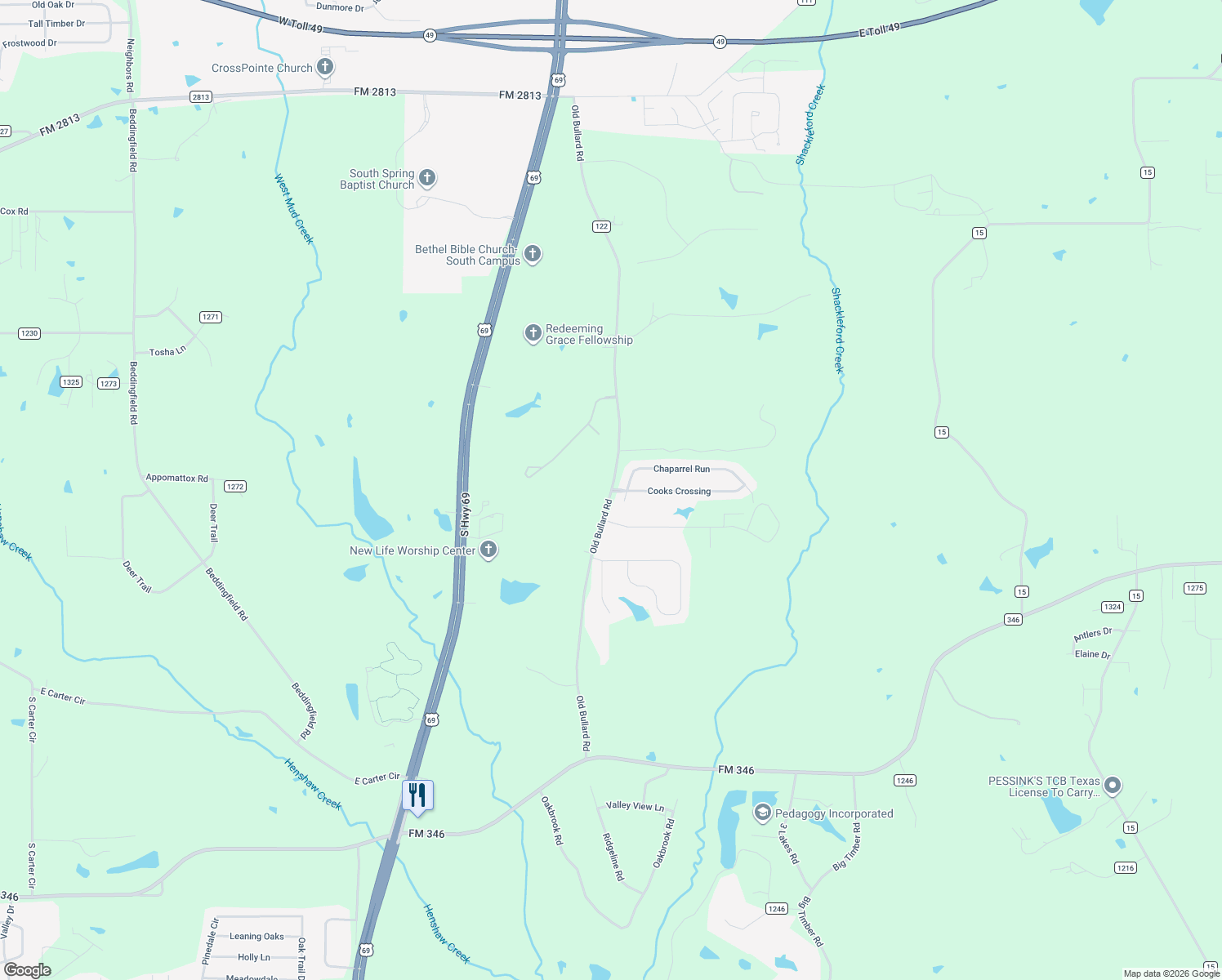 map of restaurants, bars, coffee shops, grocery stores, and more near 18180 CR 122 in Tyler
