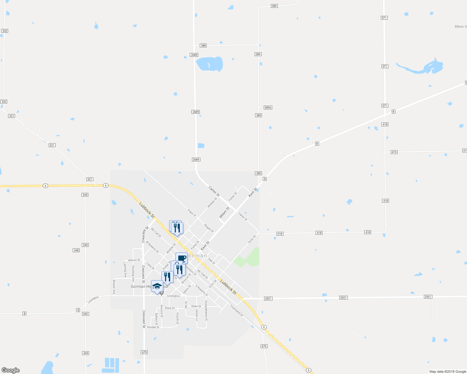 map of restaurants, bars, coffee shops, grocery stores, and more near 1128 Fisher Street in Gorman
