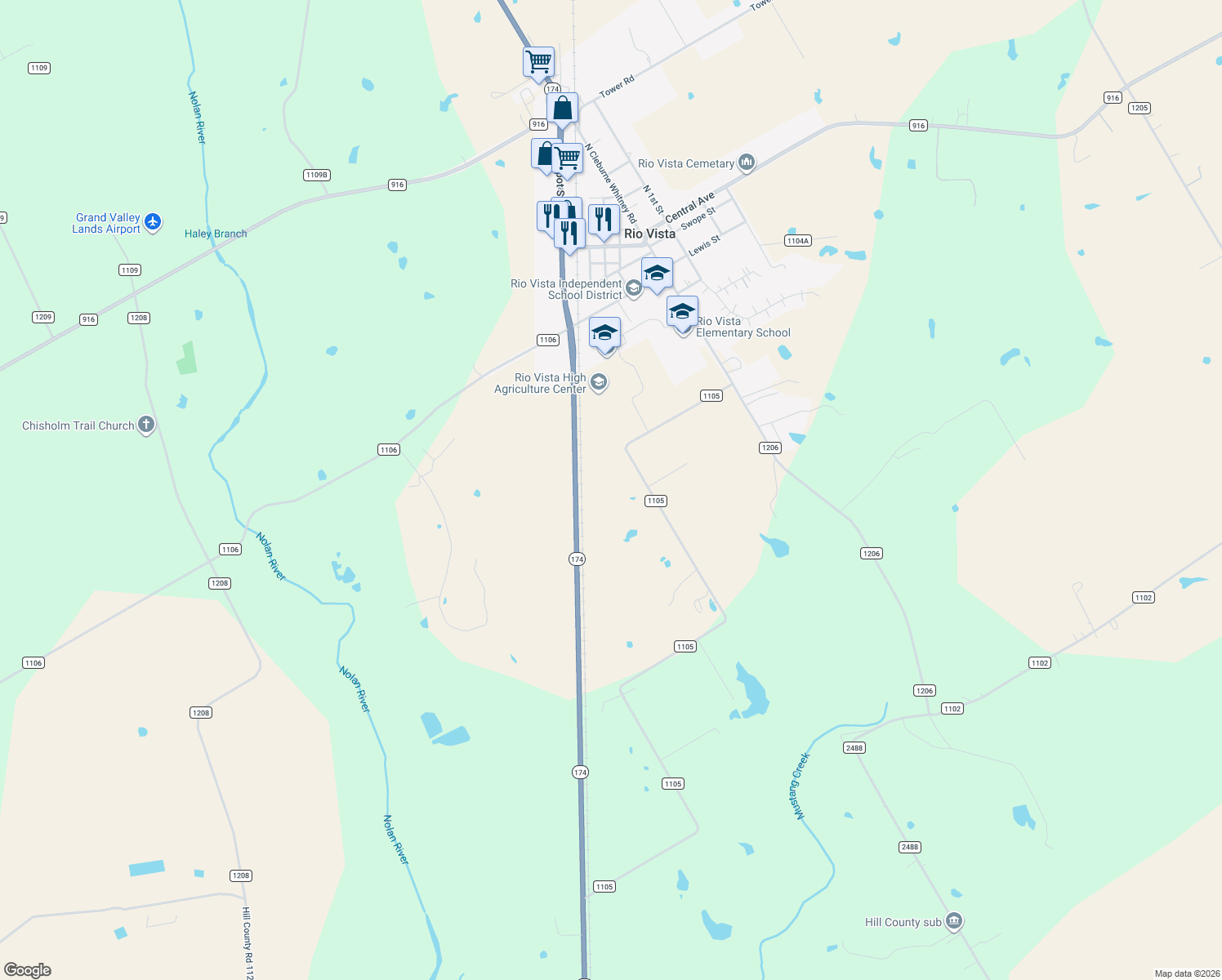 map of restaurants, bars, coffee shops, grocery stores, and more near 500 County Road 1105 in Rio Vista