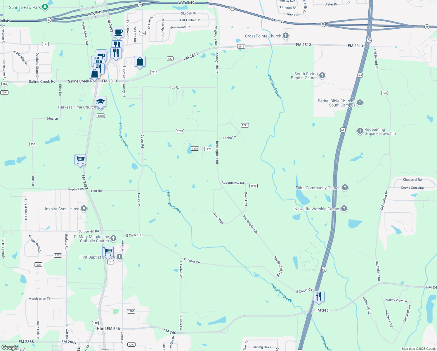 map of restaurants, bars, coffee shops, grocery stores, and more near 17609 Beddingfield Rd in Flint