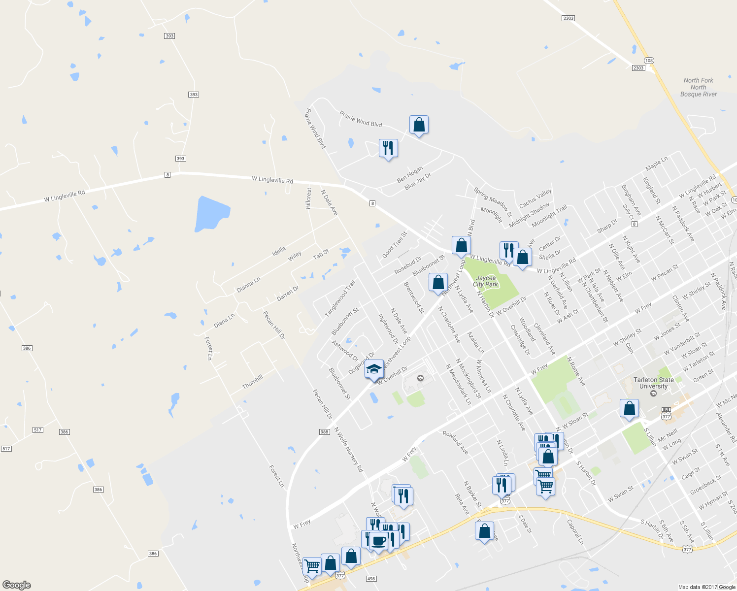 map of restaurants, bars, coffee shops, grocery stores, and more near 1408 Inglewood Drive in Stephenville