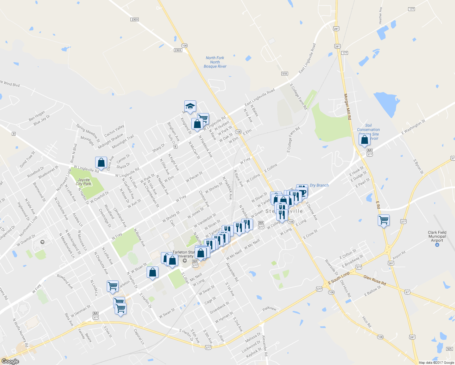 map of restaurants, bars, coffee shops, grocery stores, and more near 715 North Paddock Avenue in Stephenville