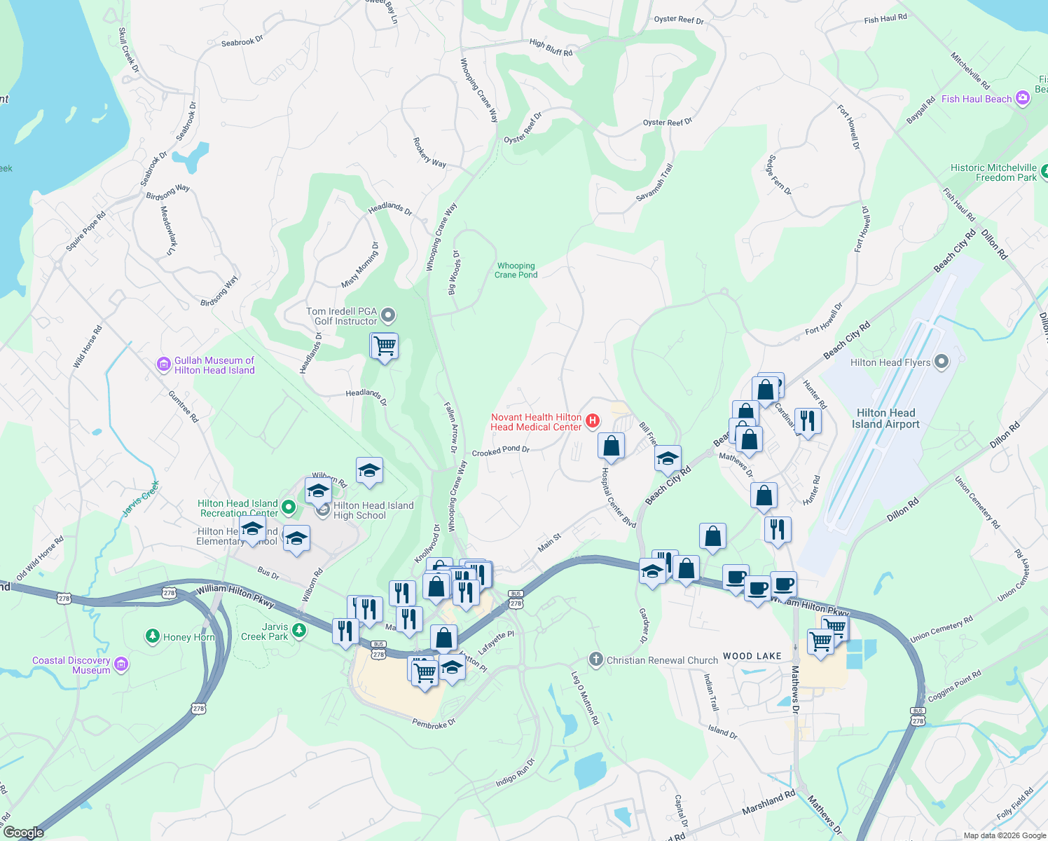 map of restaurants, bars, coffee shops, grocery stores, and more near 7 Twisted Cay Lane in Hilton Head Island