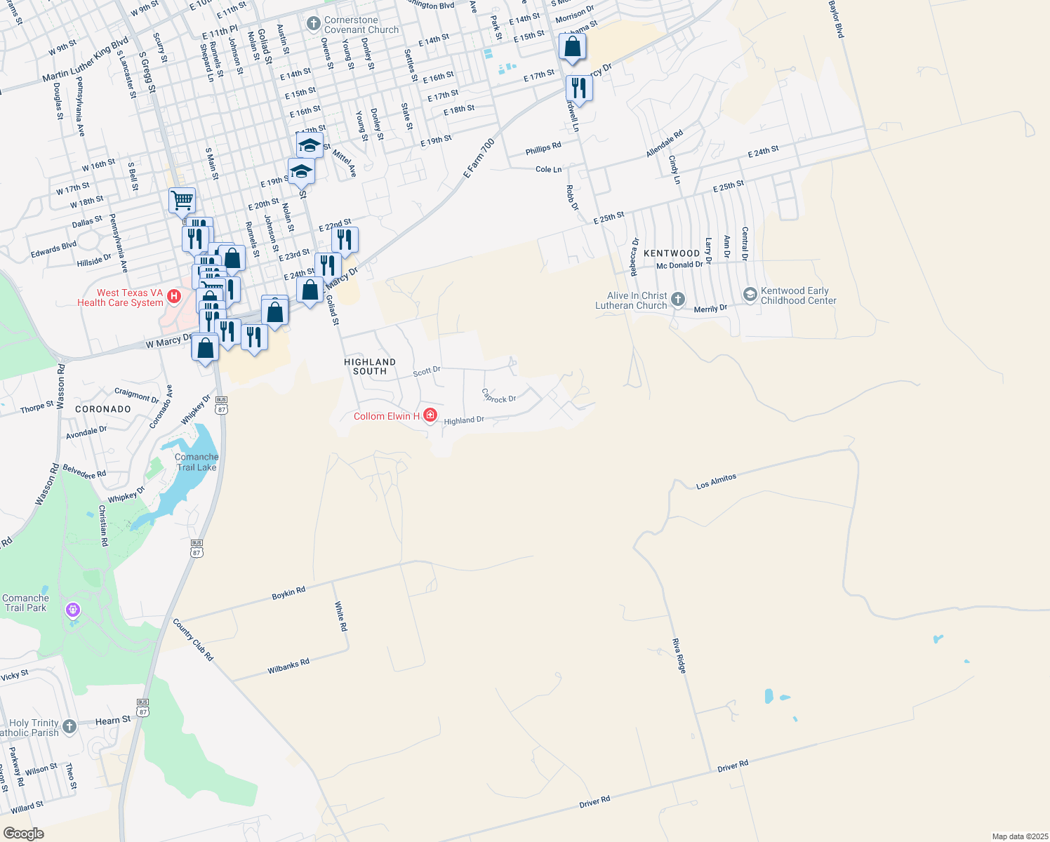 map of restaurants, bars, coffee shops, grocery stores, and more near 902 Highland Drive in Big Spring